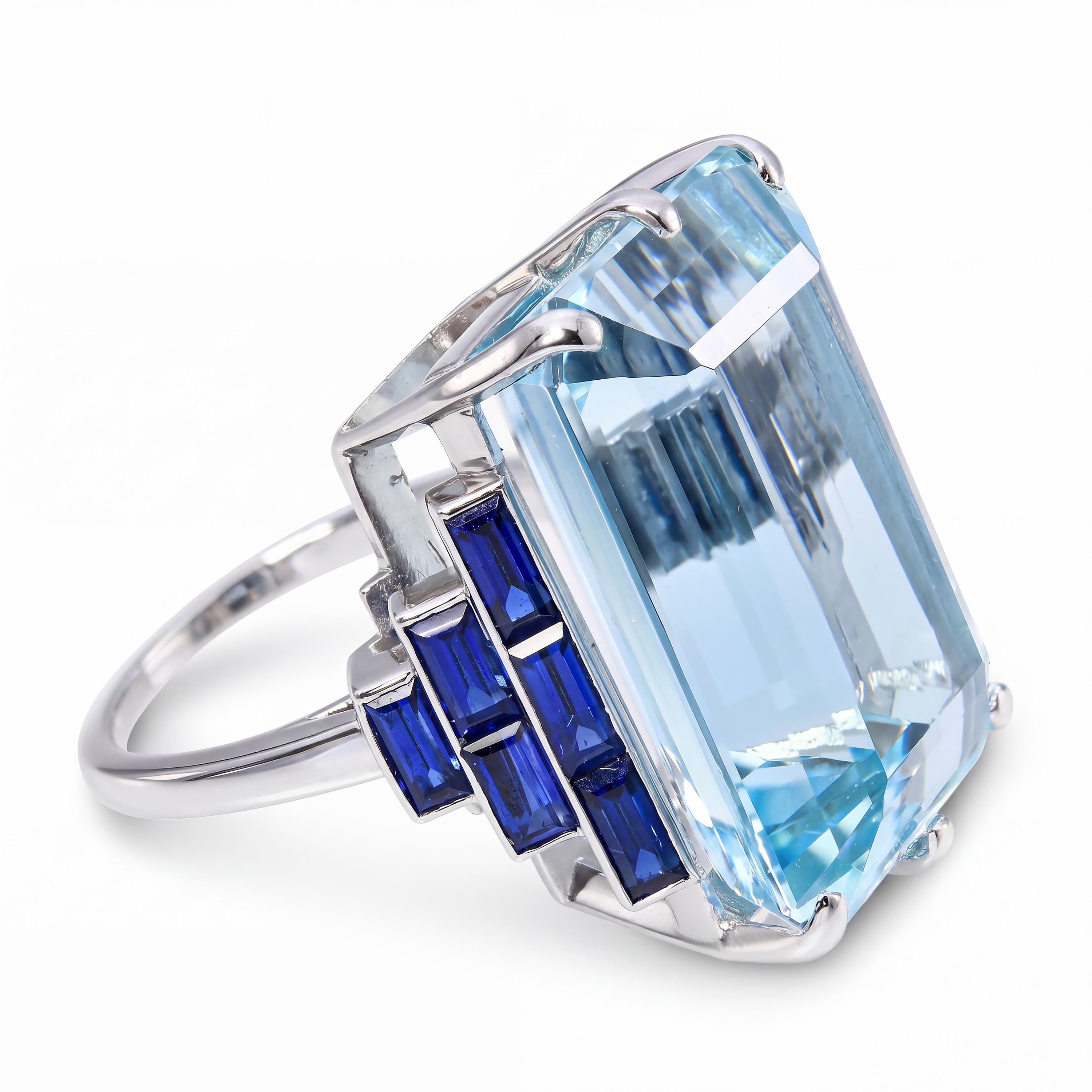 Vintage Retro Platinum 27ct Aquamarine and Sapphire Cocktail Ring
