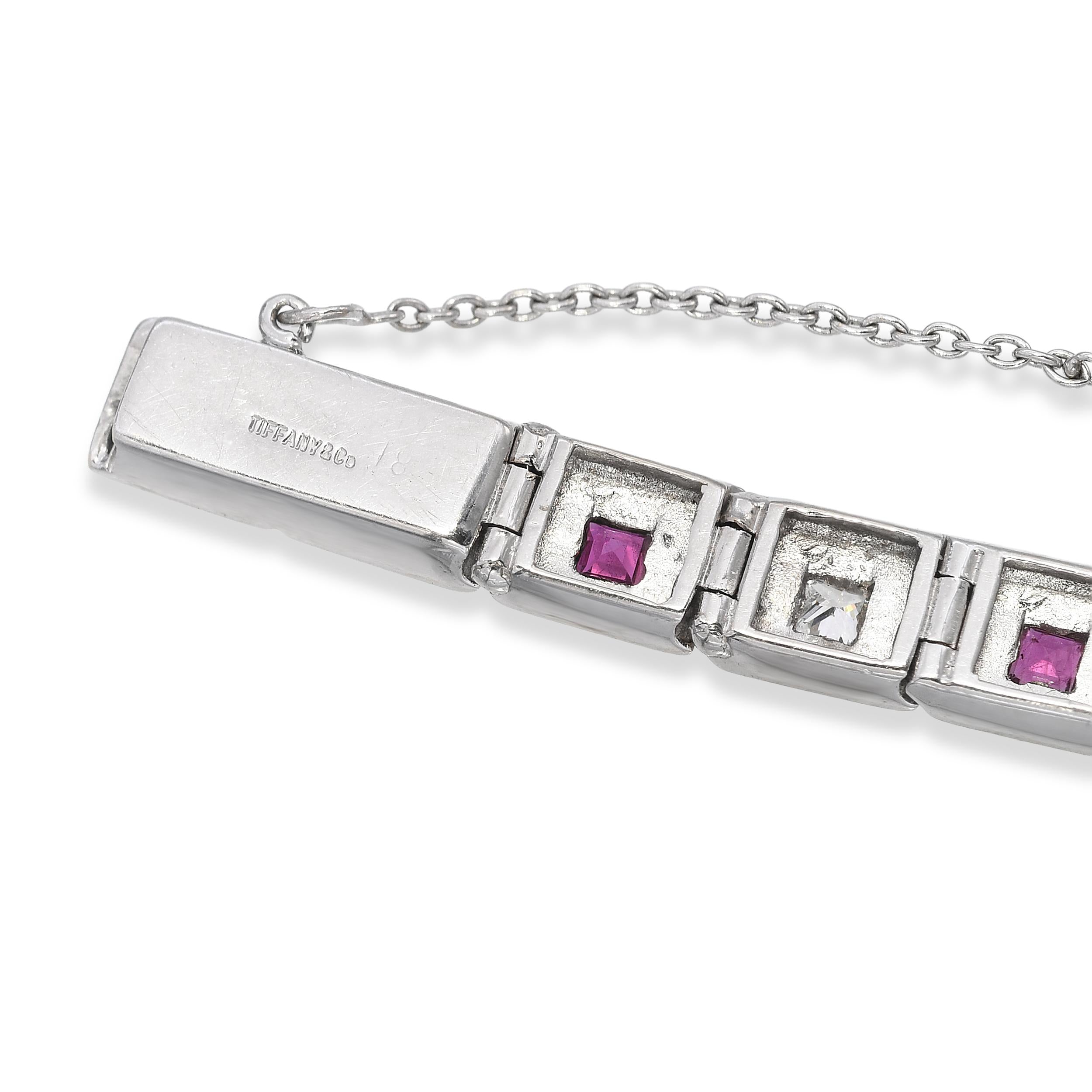 Vintage Tiffany & Co. 18k White Gold Diamond and Ruby Bezel Set Link Bracelet