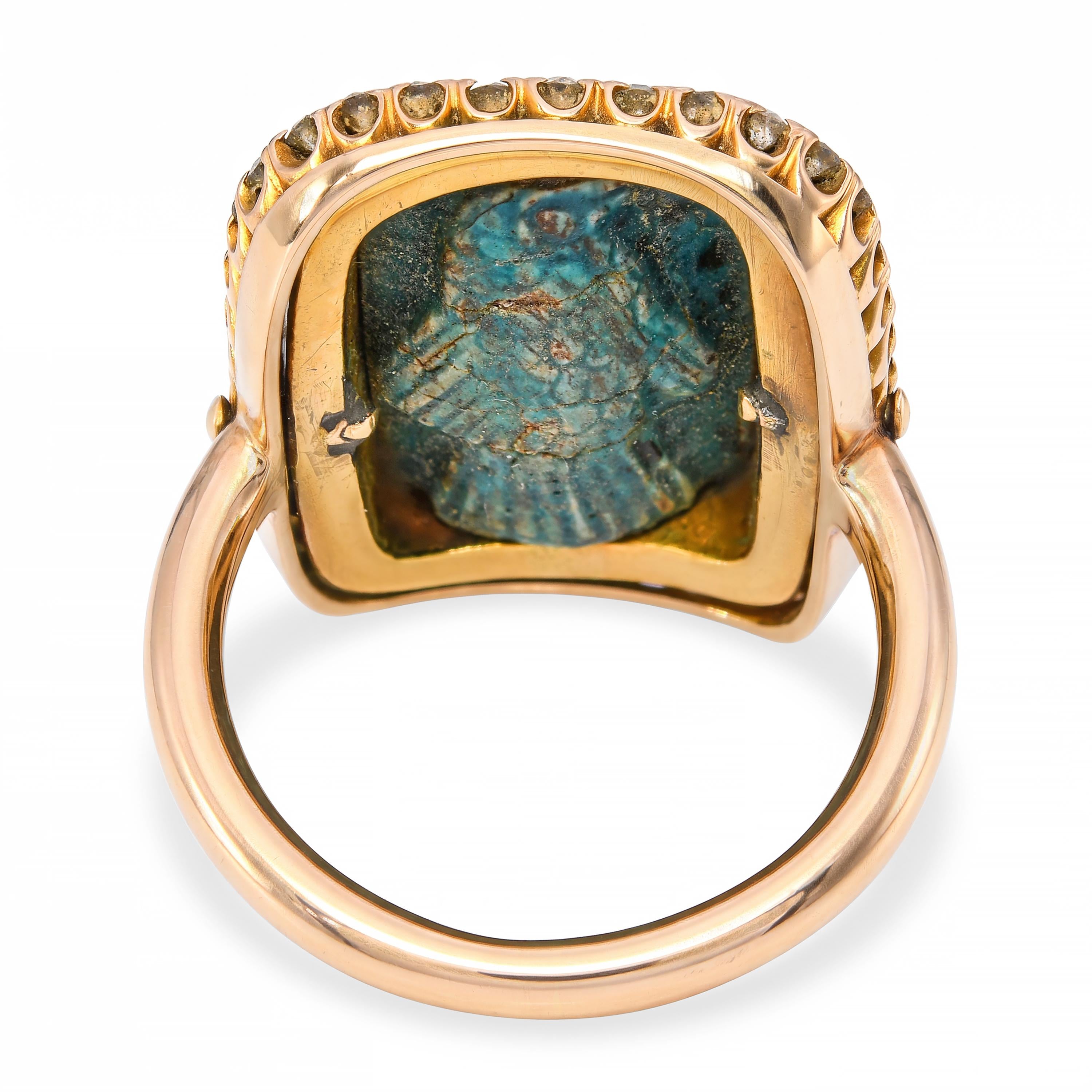 Antique Egyptian Revival 15k Yellow Gold Faience and Old Cut Diamond Flip Ring