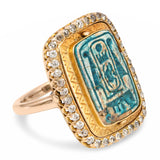 Antique Egyptian Revival 15k Yellow Gold Faience and Old Cut Diamond Flip Ring