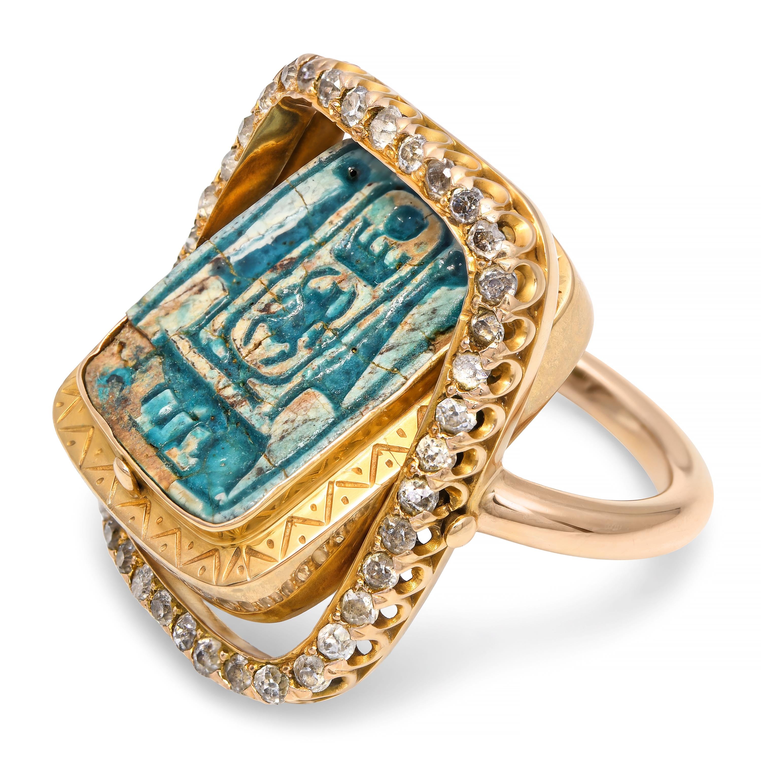 Antique Egyptian Revival 15k Yellow Gold Faience and Old Cut Diamond Flip Ring