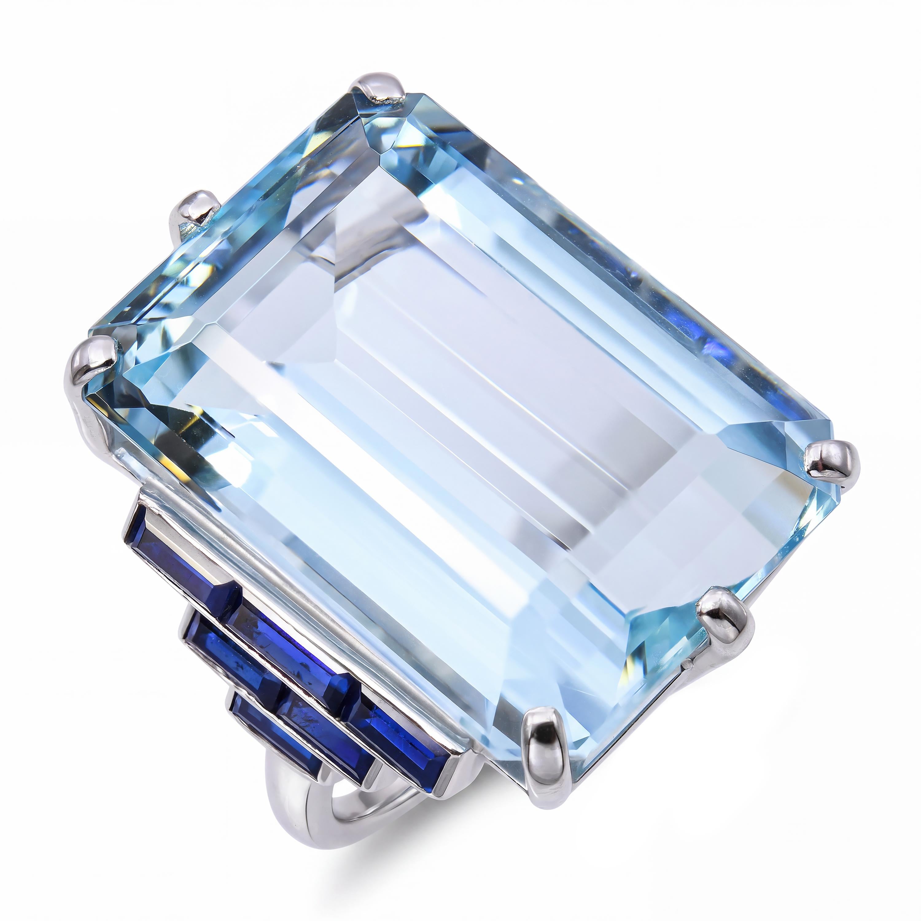 Vintage Retro Platinum 27ct Aquamarine and Sapphire Cocktail Ring