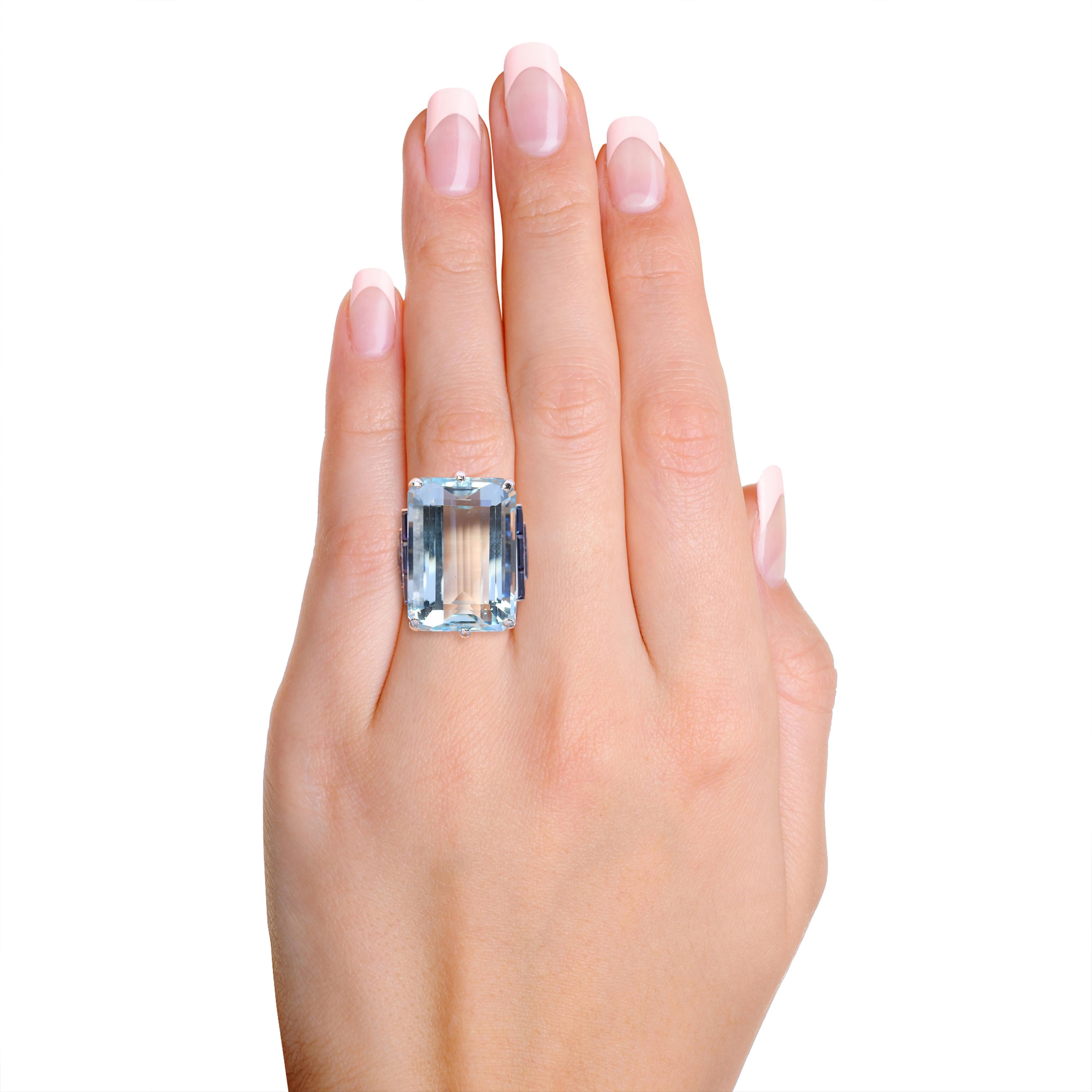 Vintage Retro Platinum 27ct Aquamarine and Sapphire Cocktail Ring