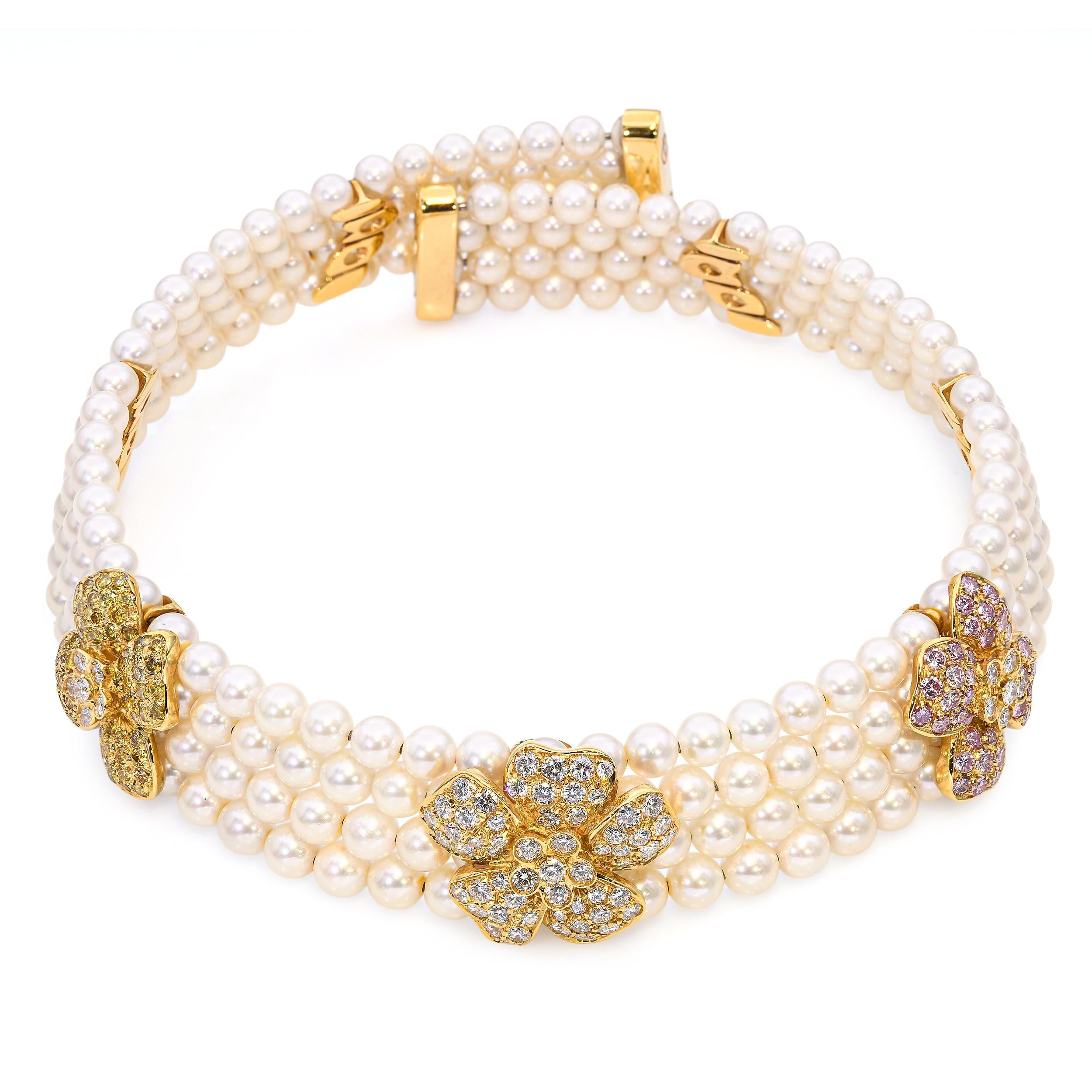 18k Yellow Gold Pearl & 8.1ctw Multicolor Diamond Floral Choker Necklace