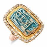 Antique Egyptian Revival 15k Yellow Gold Faience and Old Cut Diamond Flip Ring