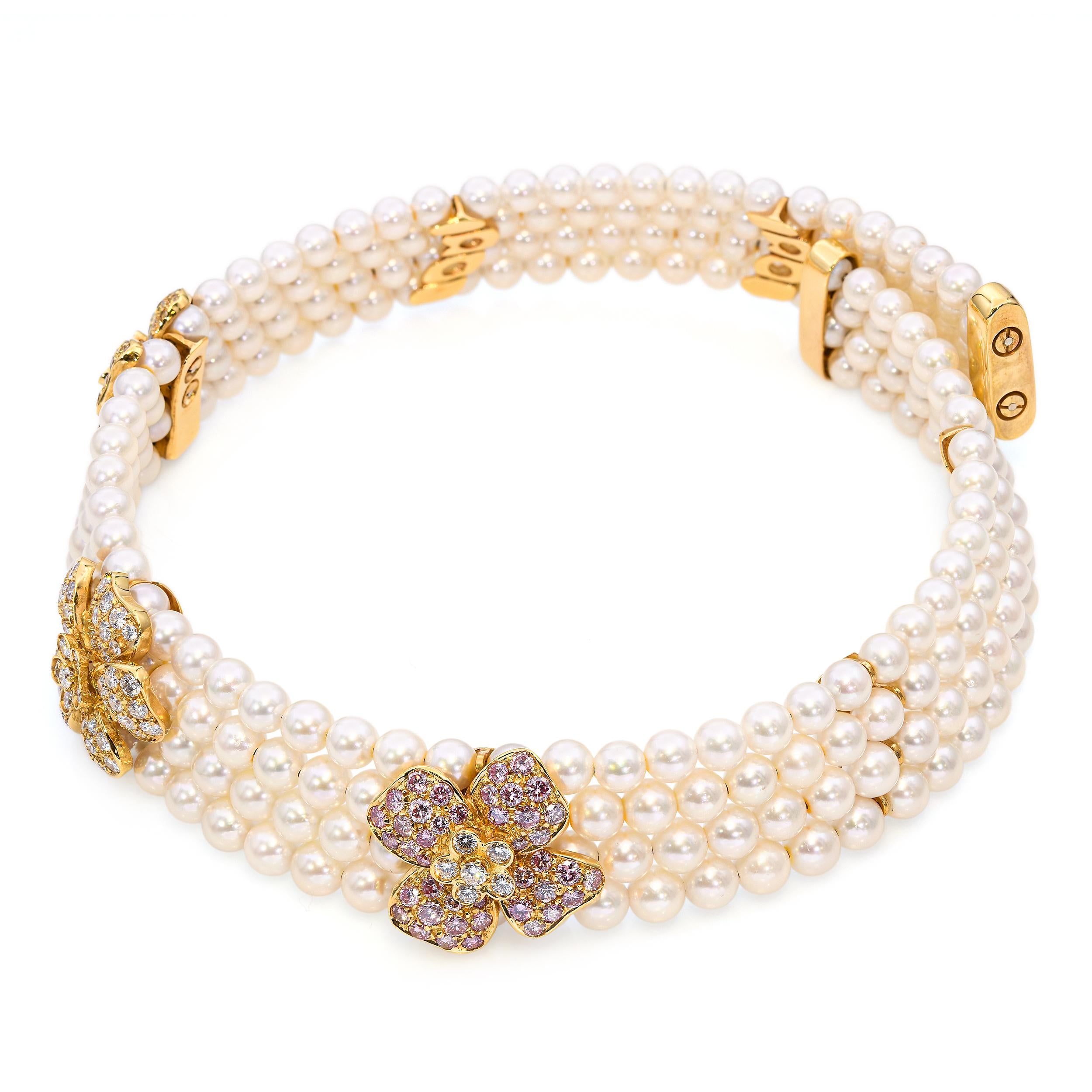 18k Yellow Gold Pearl & 8.1ctw Multicolor Diamond Floral Choker Necklace