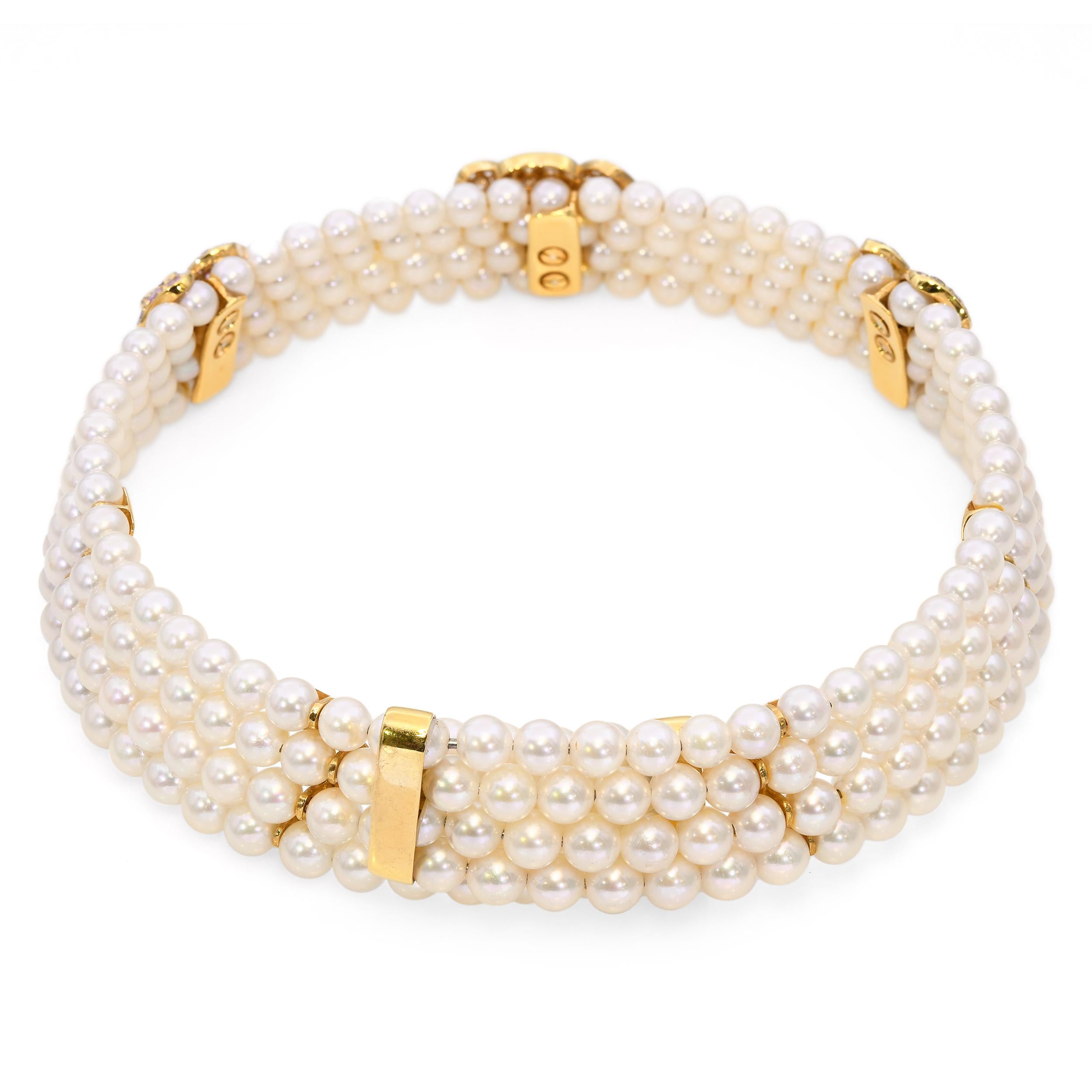 18k Yellow Gold Pearl & 8.1ctw Multicolor Diamond Floral Choker Necklace