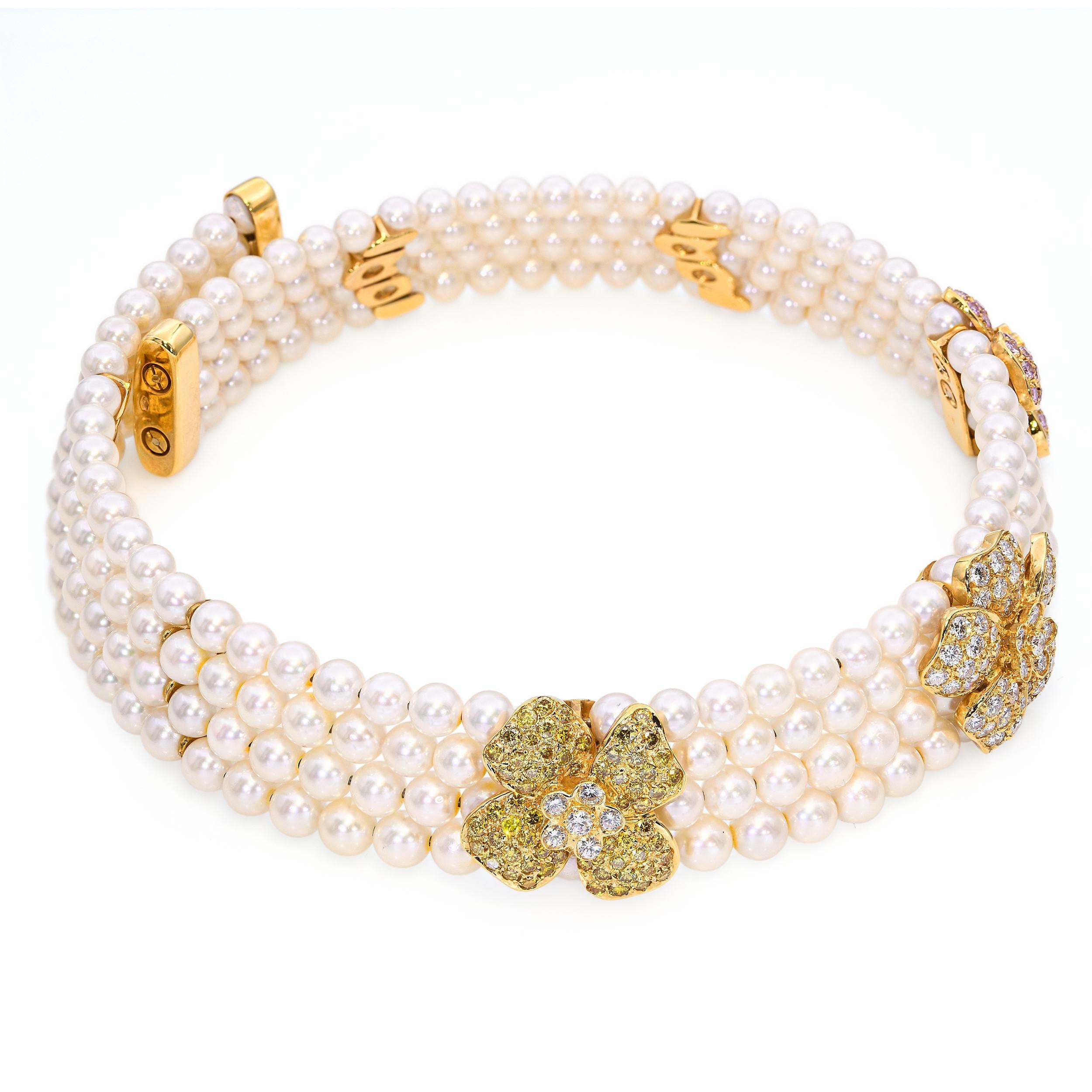 18k Yellow Gold Pearl & 8.1ctw Multicolor Diamond Floral Choker Necklace
