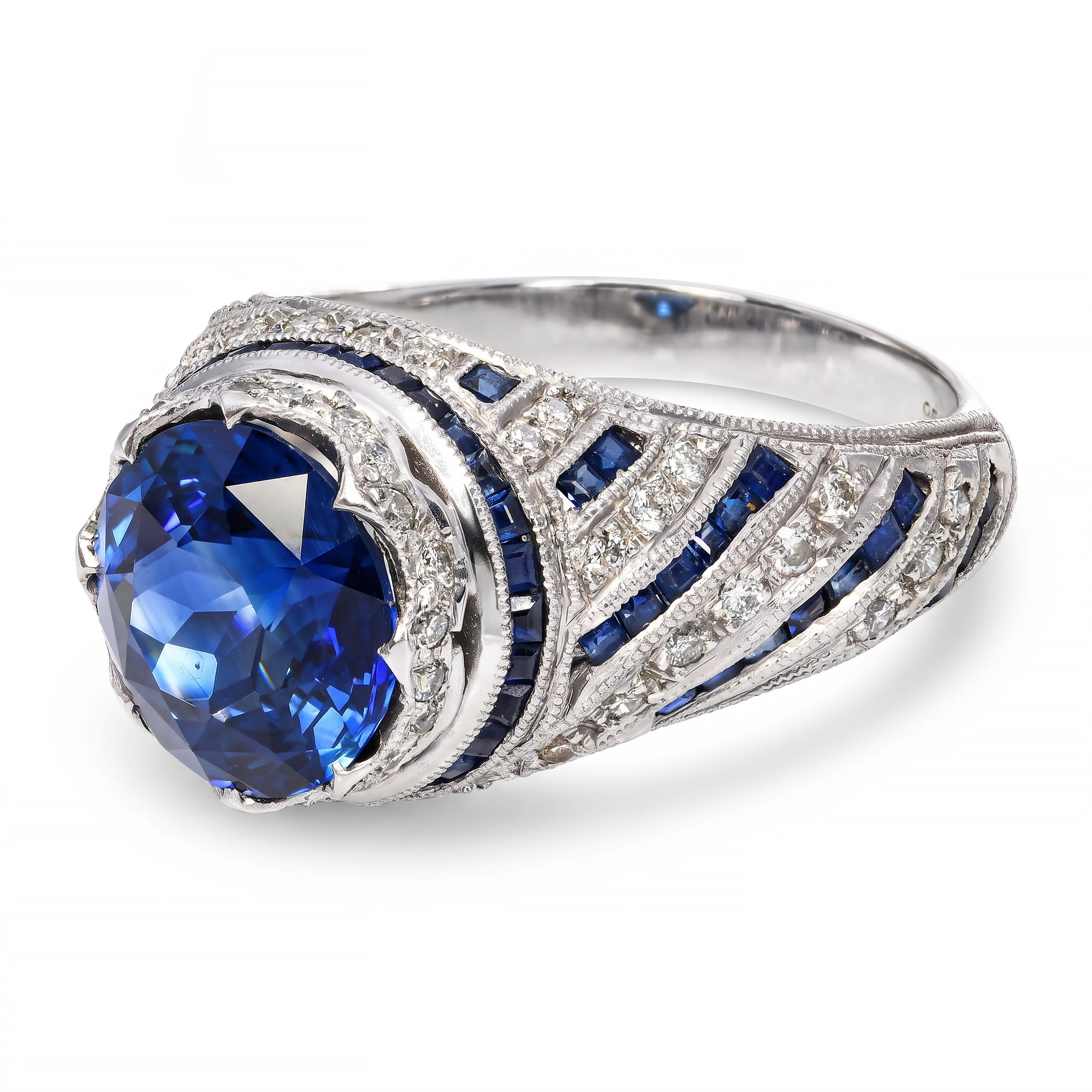 Art Deco Platinum GIA Graded 3.85ct Deep Blue Sapphire and Diamond Ring