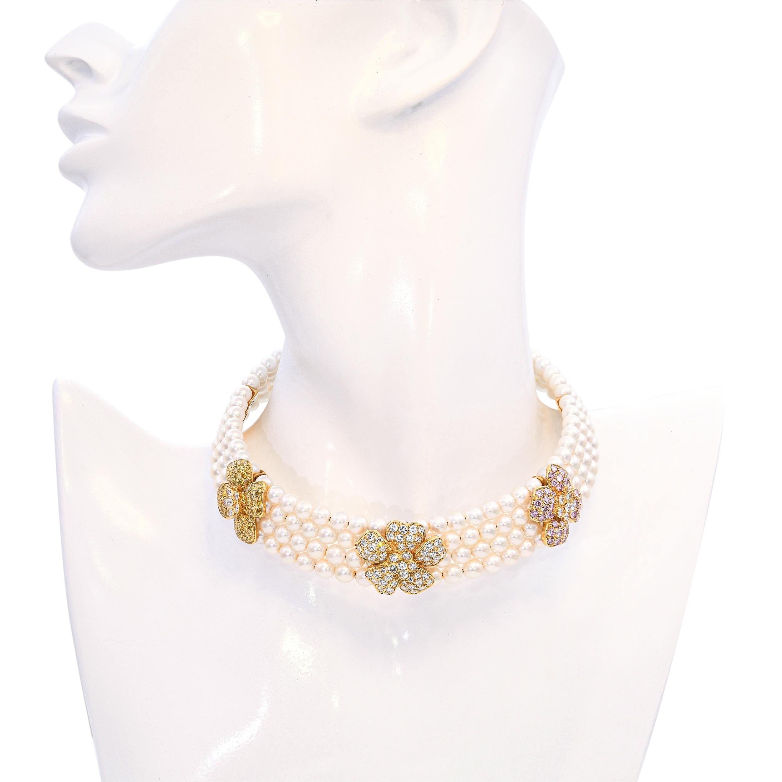18k Yellow Gold Pearl & 8.1ctw Multicolor Diamond Floral Choker Necklace