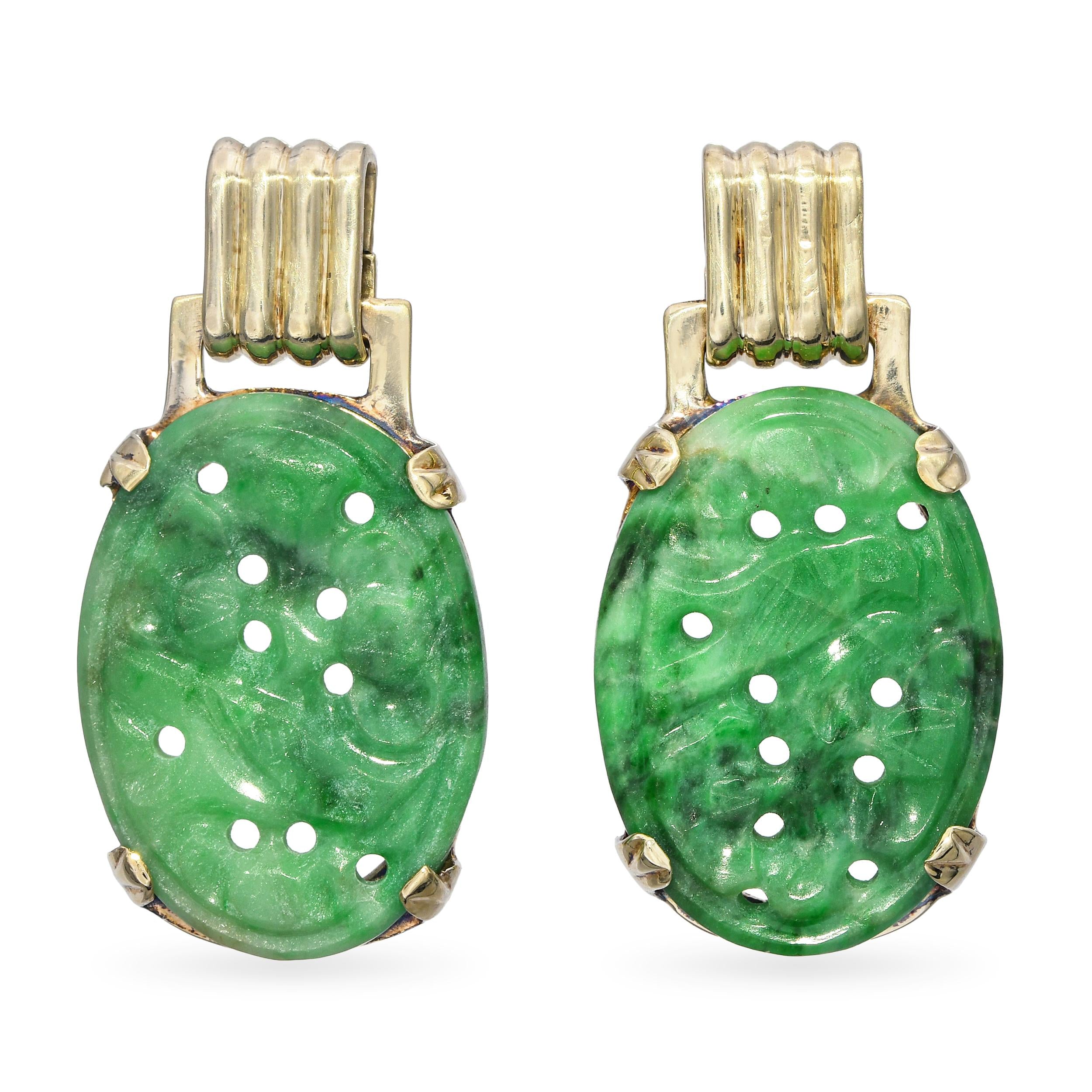 Vintage 14k Yellow Gold Carved Jade Earrings