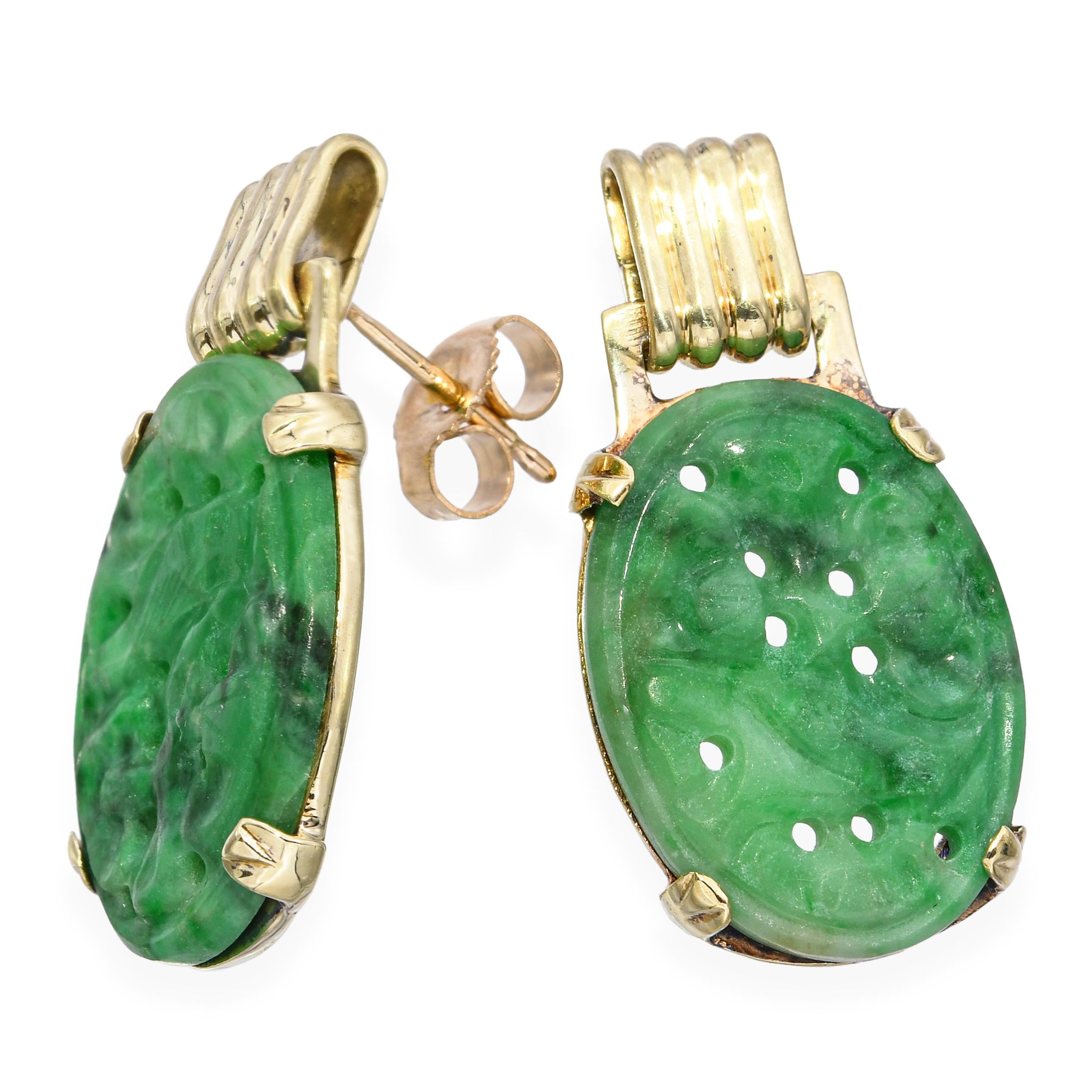 Vintage 14k Yellow Gold Carved Jade Earrings