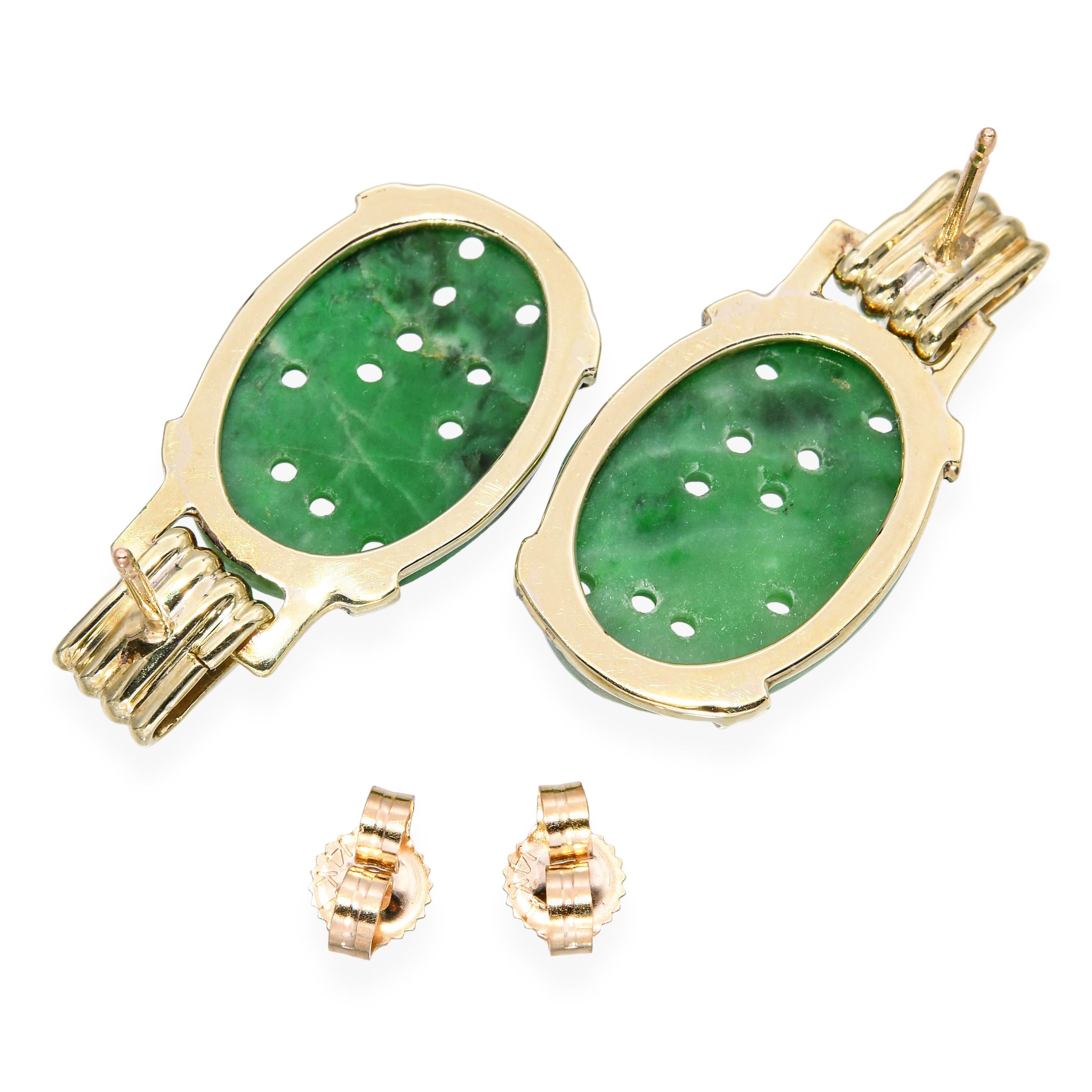 Vintage 14k Yellow Gold Carved Jade Earrings