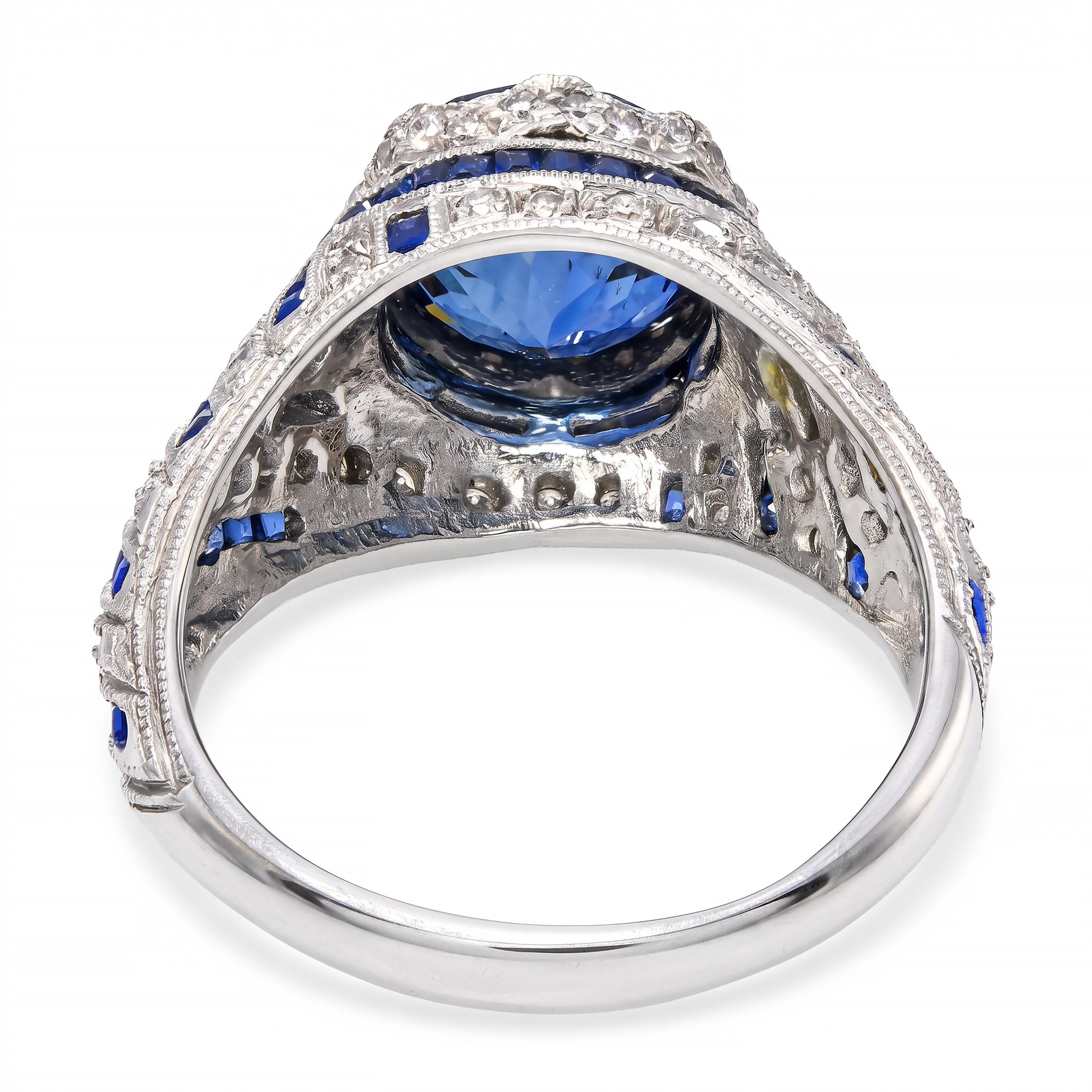 Art Deco Platinum GIA Graded 3.85ct Deep Blue Sapphire and Diamond Ring