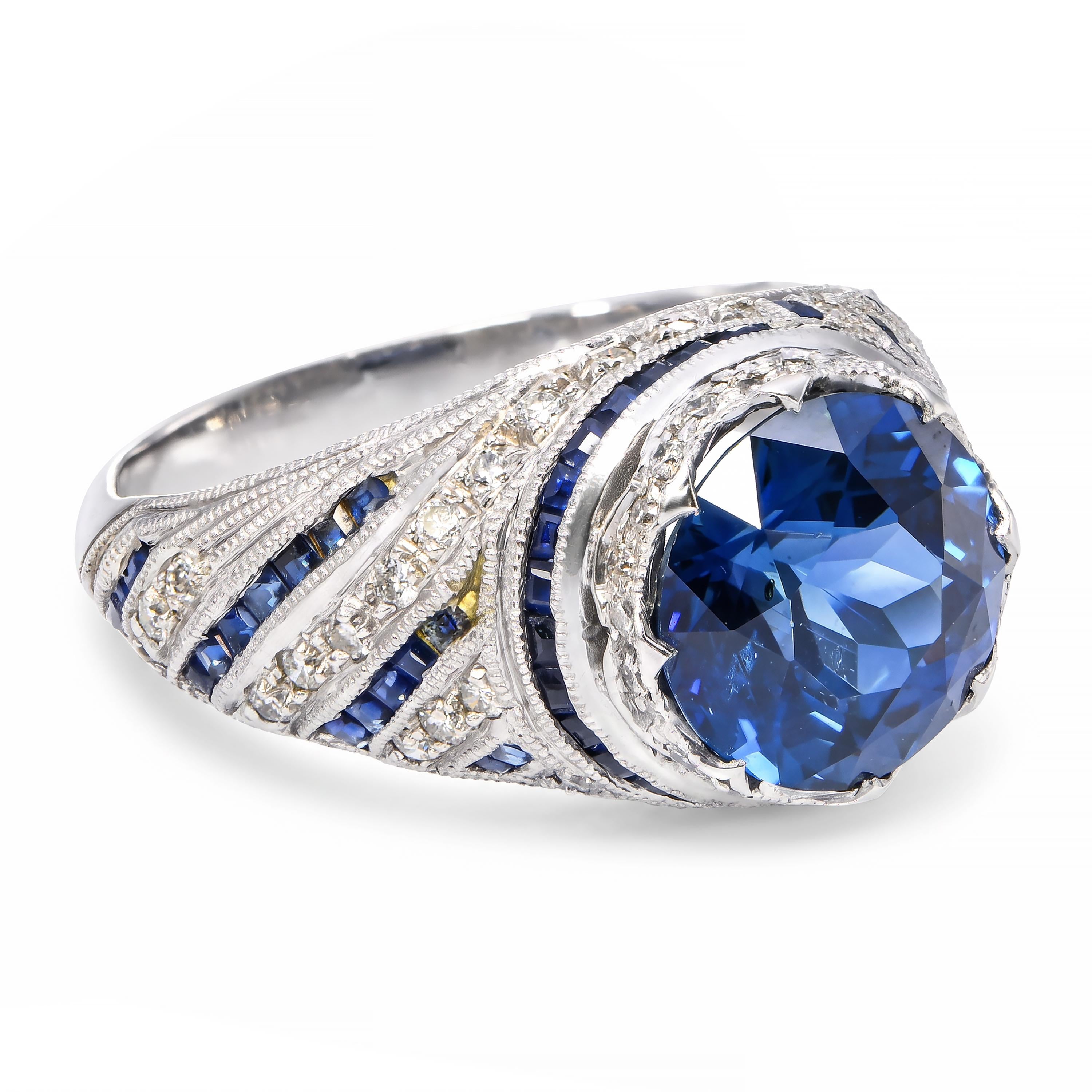 Art Deco Platinum GIA Graded 3.85ct Deep Blue Sapphire and Diamond Ring