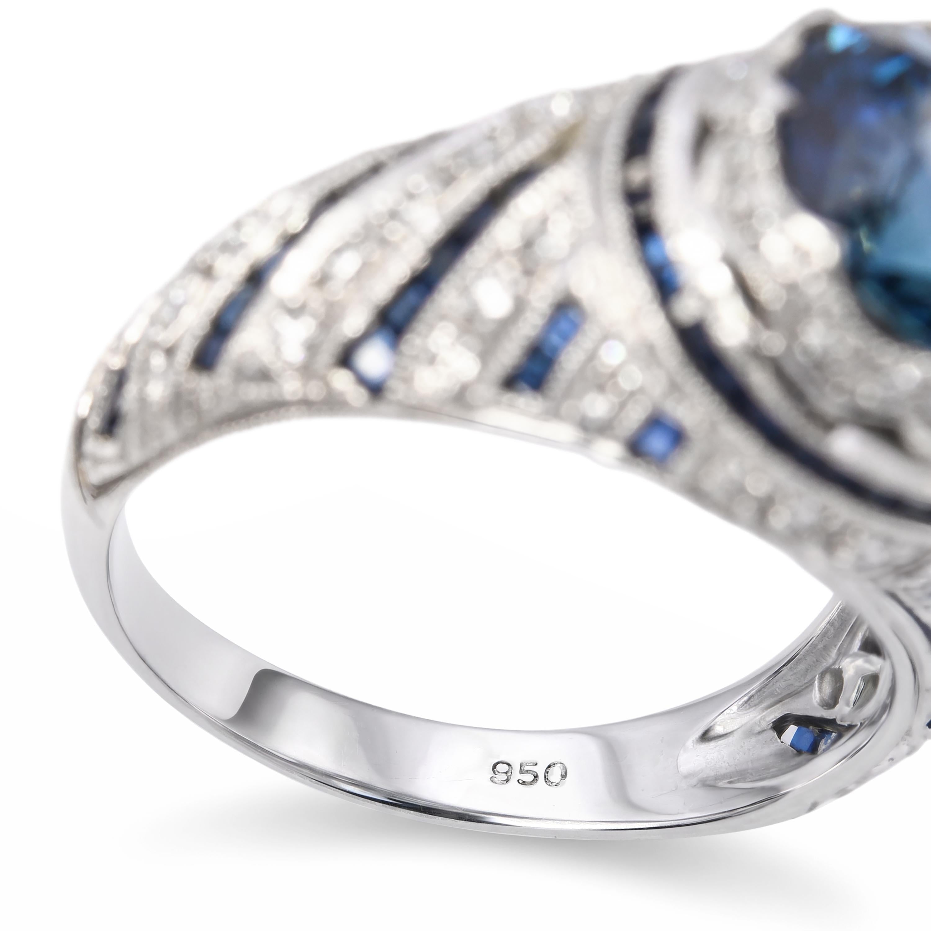 Art Deco Platinum GIA Graded 3.85ct Deep Blue Sapphire and Diamond Ring