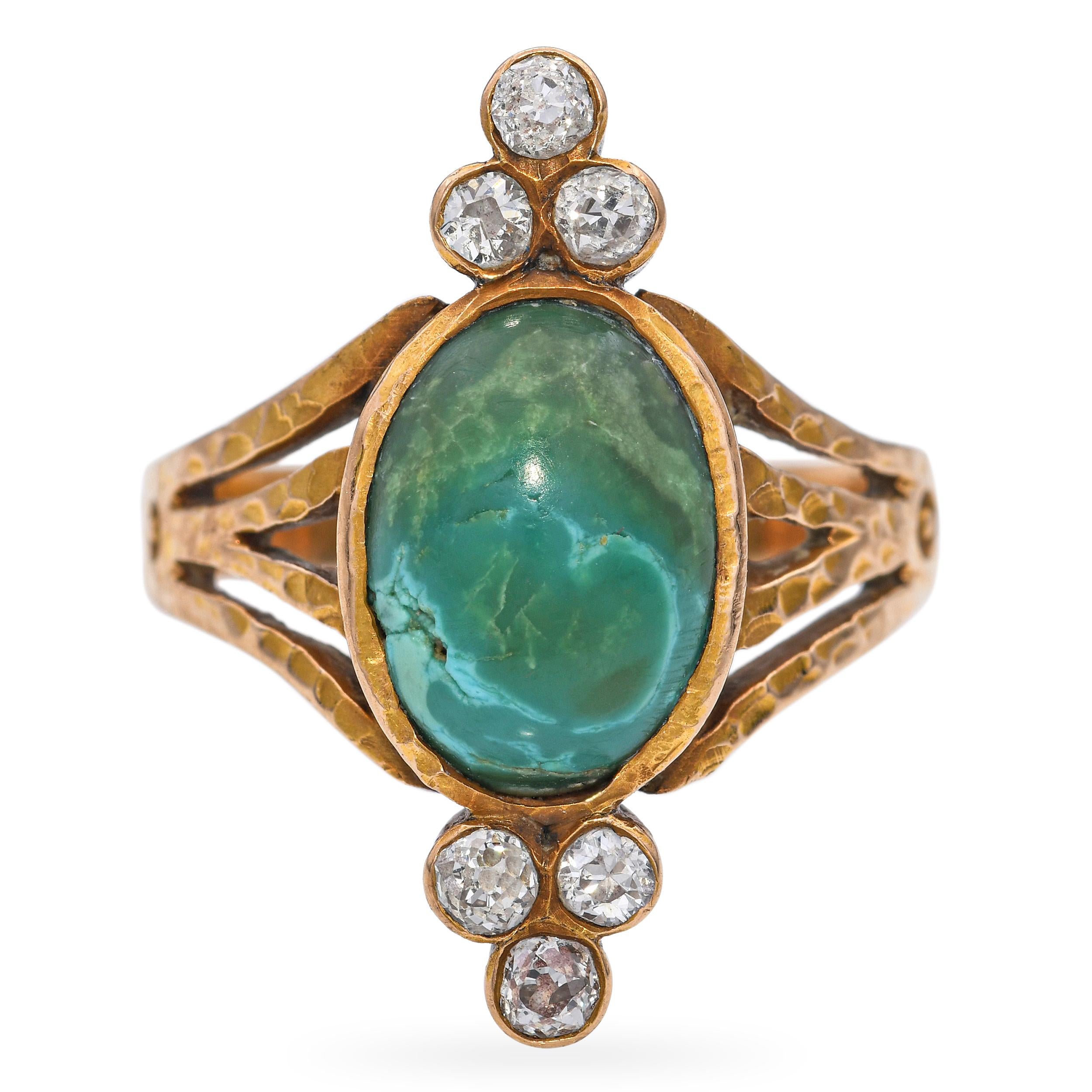 Antique 14k Yellow Gold Chrysocolla and Diamond Hammered Ring