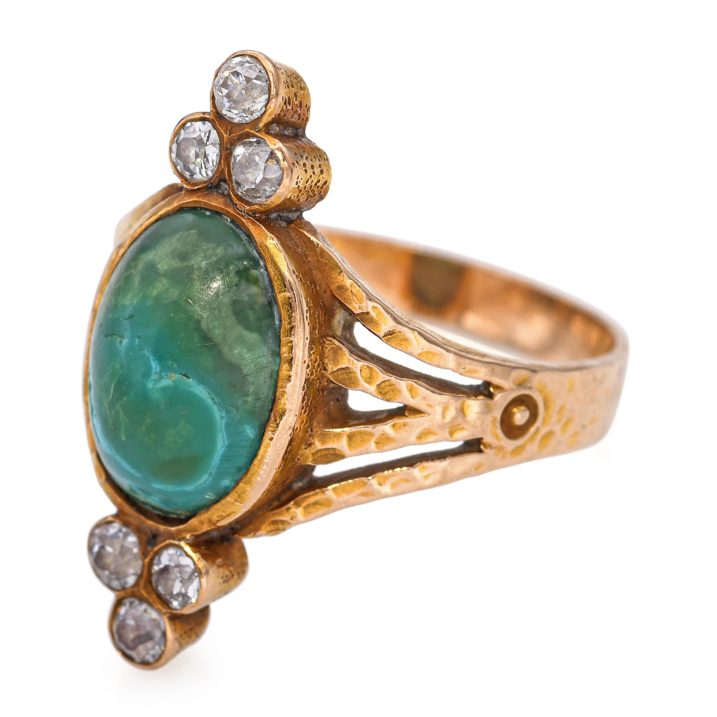 Antique 14k Yellow Gold Chrysocolla and Diamond Hammered Ring