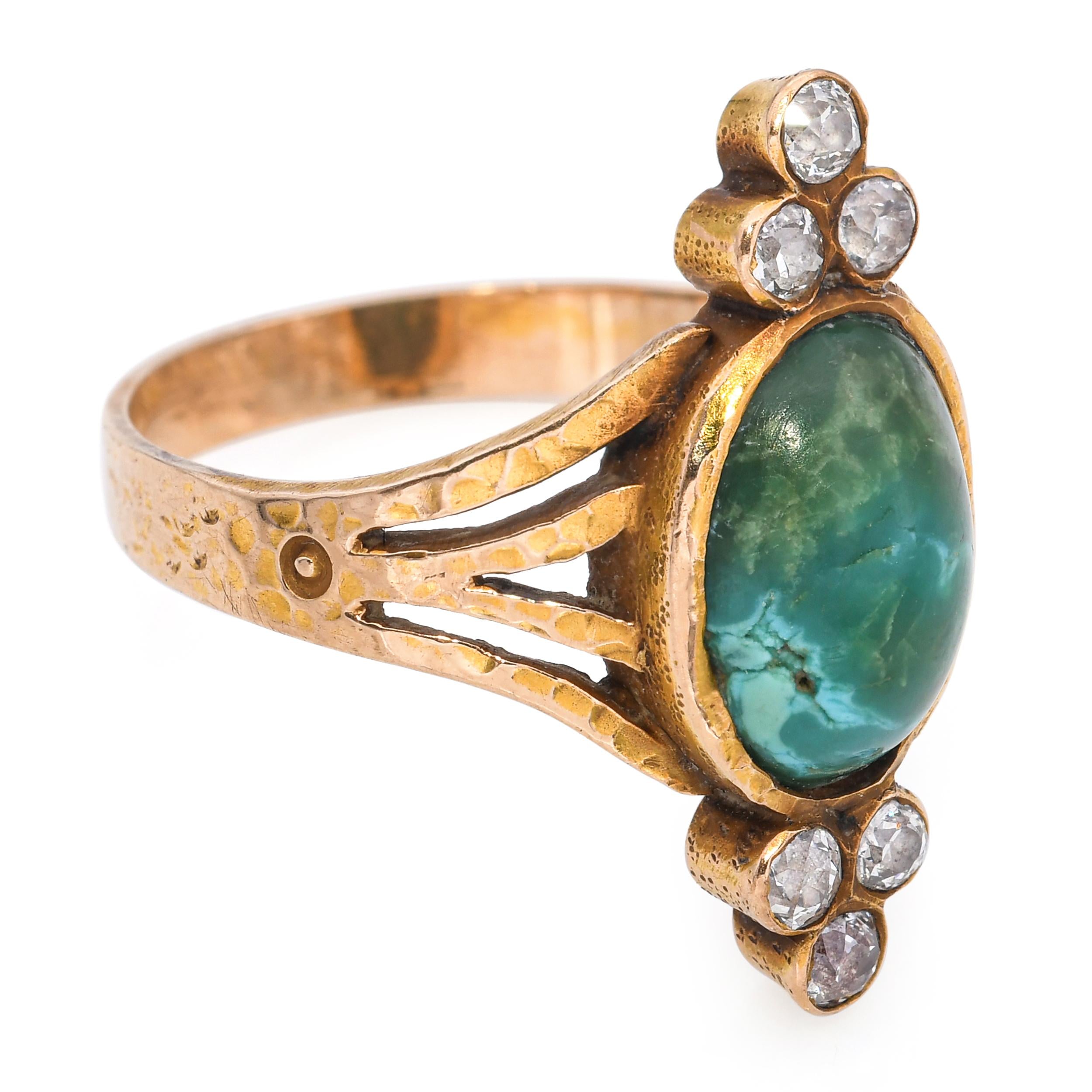 Antique 14k Yellow Gold Chrysocolla and Diamond Hammered Ring