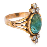 Antique 14k Yellow Gold Chrysocolla and Diamond Hammered Ring