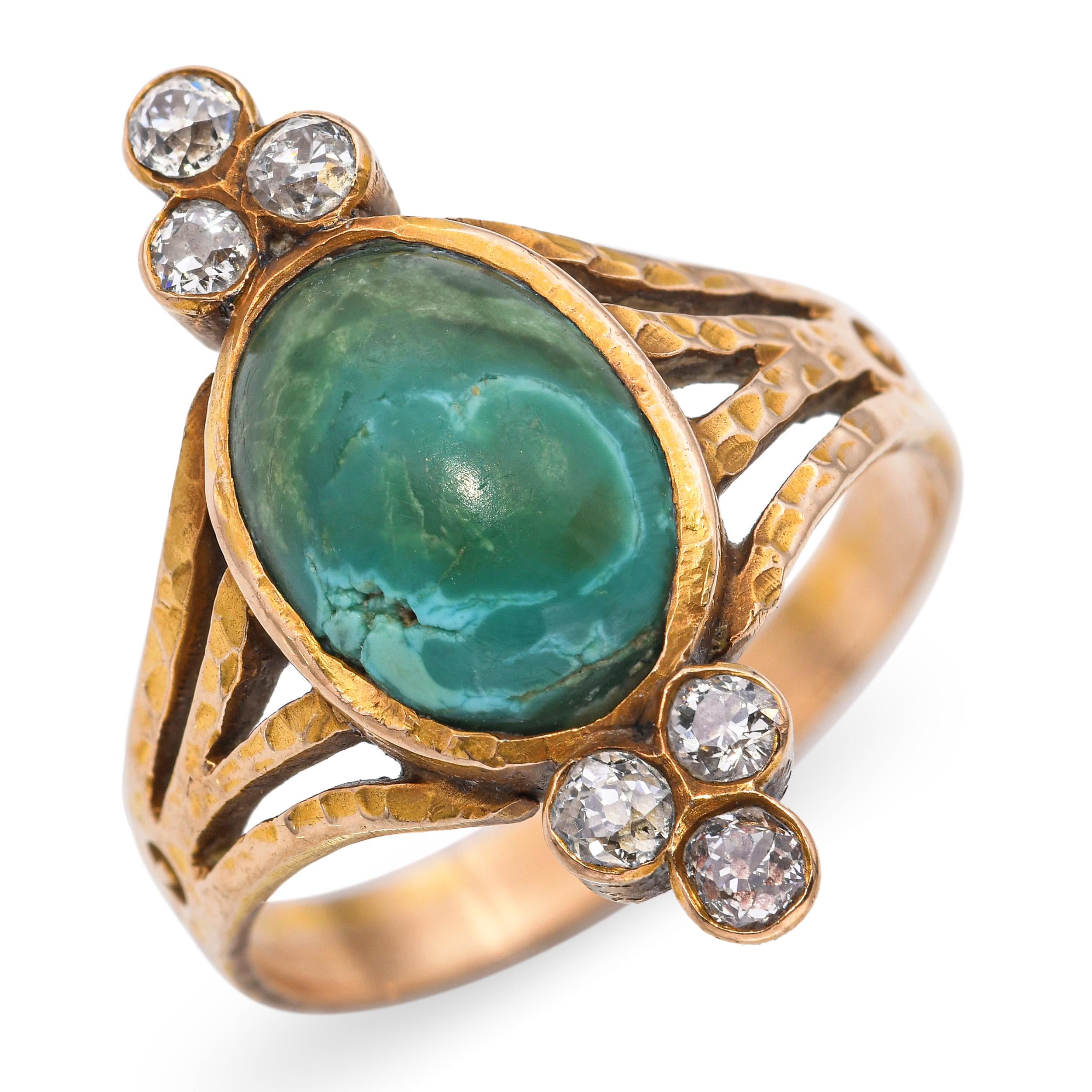 Antique 14k Yellow Gold Chrysocolla and Diamond Hammered Ring