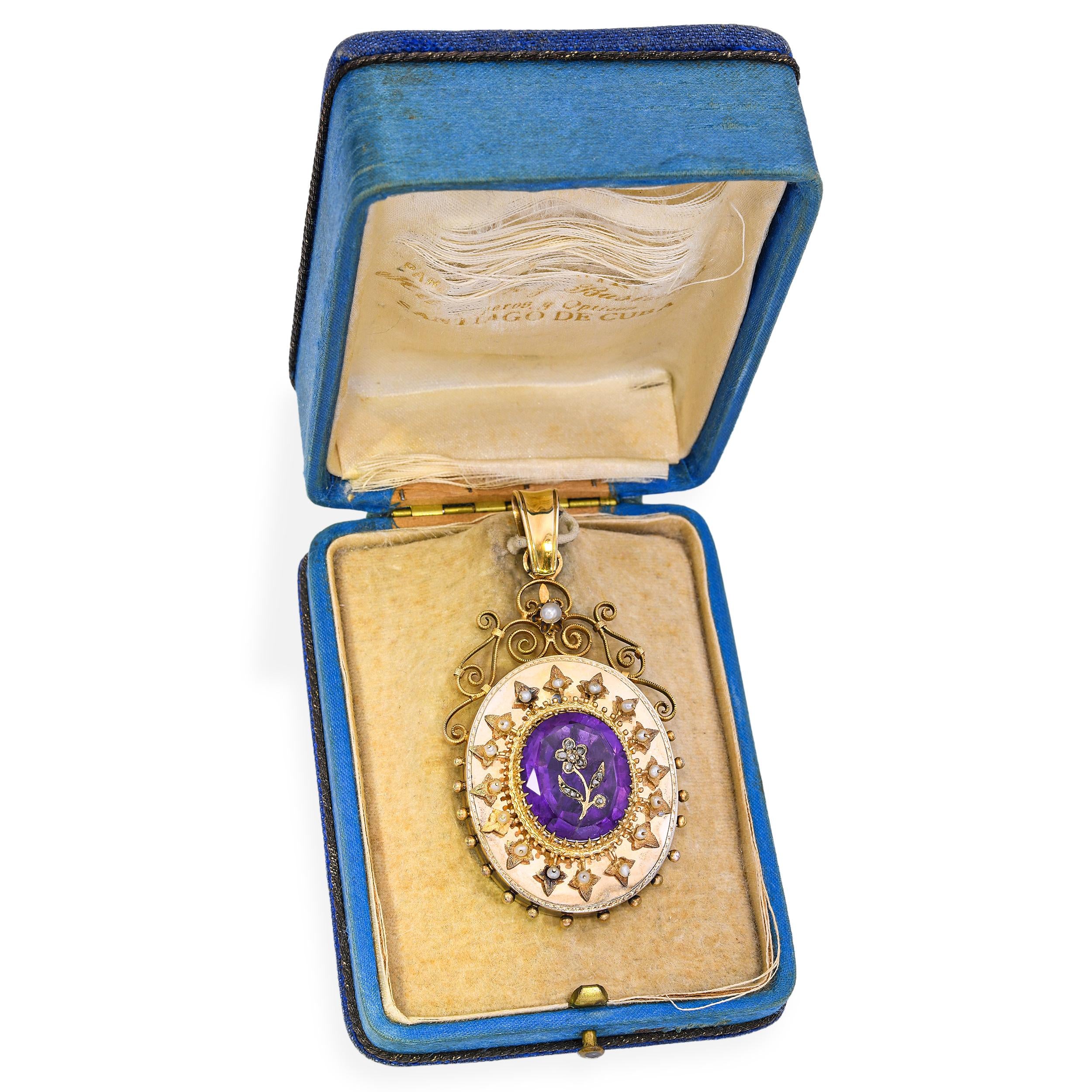Antique Victorian Yellow Gold Amethyst, Pearl, & Diamond Mourning Locket Pendant