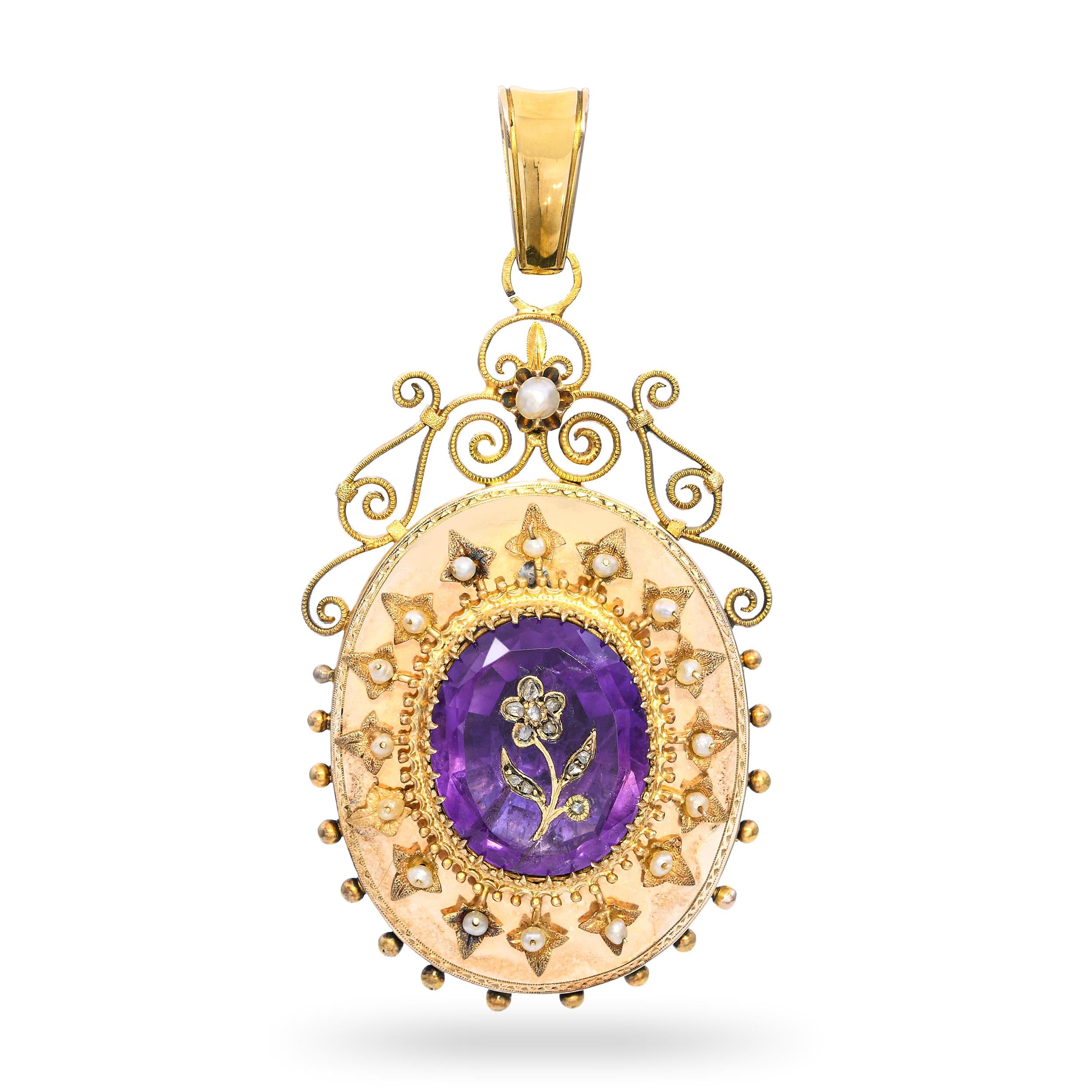 Antique Victorian Yellow Gold Amethyst, Pearl, & Diamond Mourning Locket Pendant