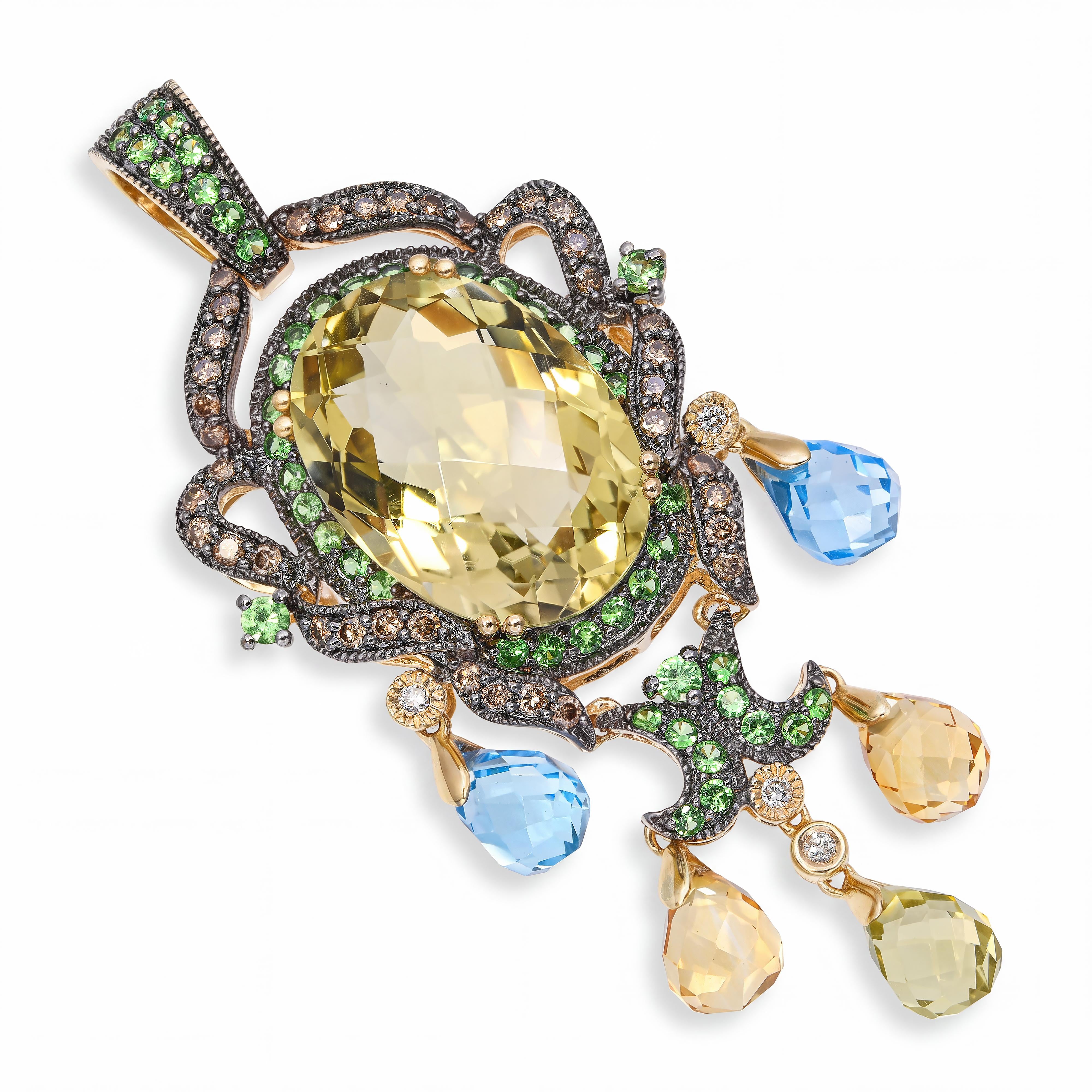 LeVian 14k Yellow Gold Diamond Tsavorite and Multi-Stone Pendant