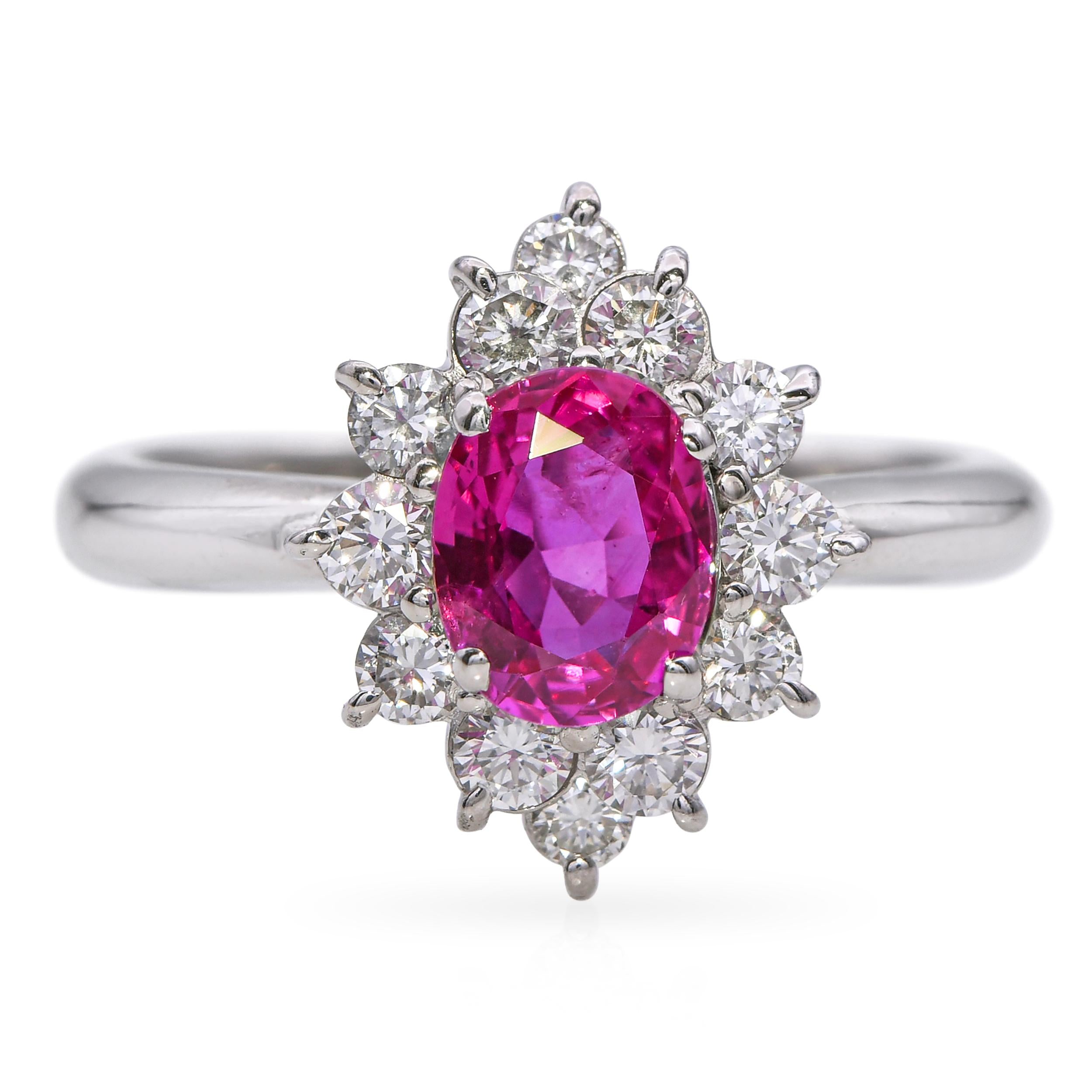 Vintage Platinum 0.92ct Pink Sapphire and 0.47tcw Diamond Halo Ring
