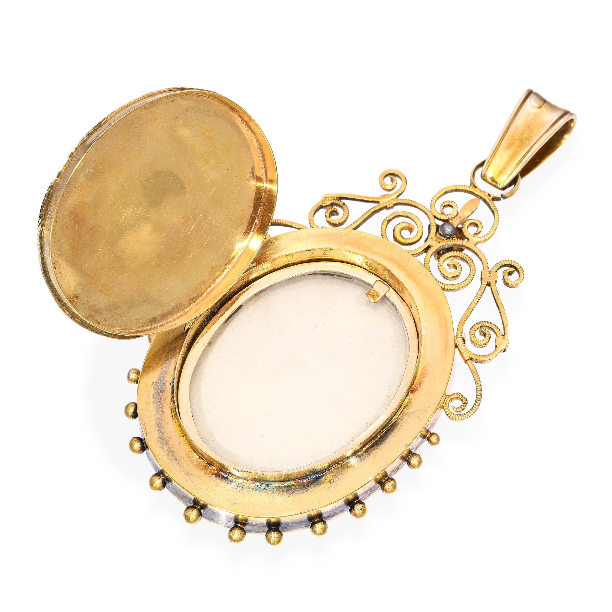 Antique Victorian Yellow Gold Amethyst, Pearl, & Diamond Mourning Locket Pendant