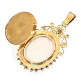Antique Victorian Yellow Gold Amethyst, Pearl, & Diamond Mourning Locket Pendant