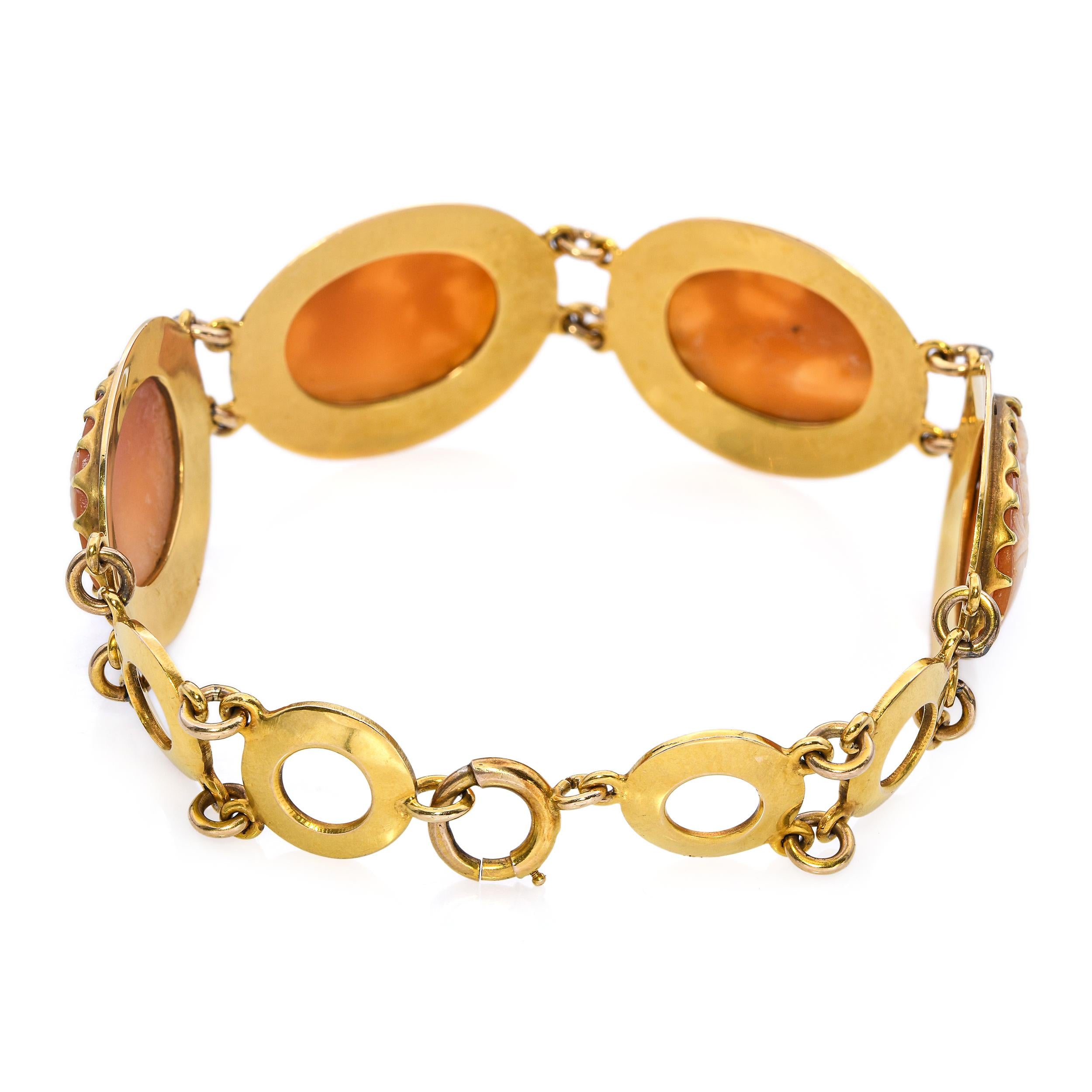 Antique Victorian Yellow Gold Carved Shell Cameo Cherub Panels Bracelet