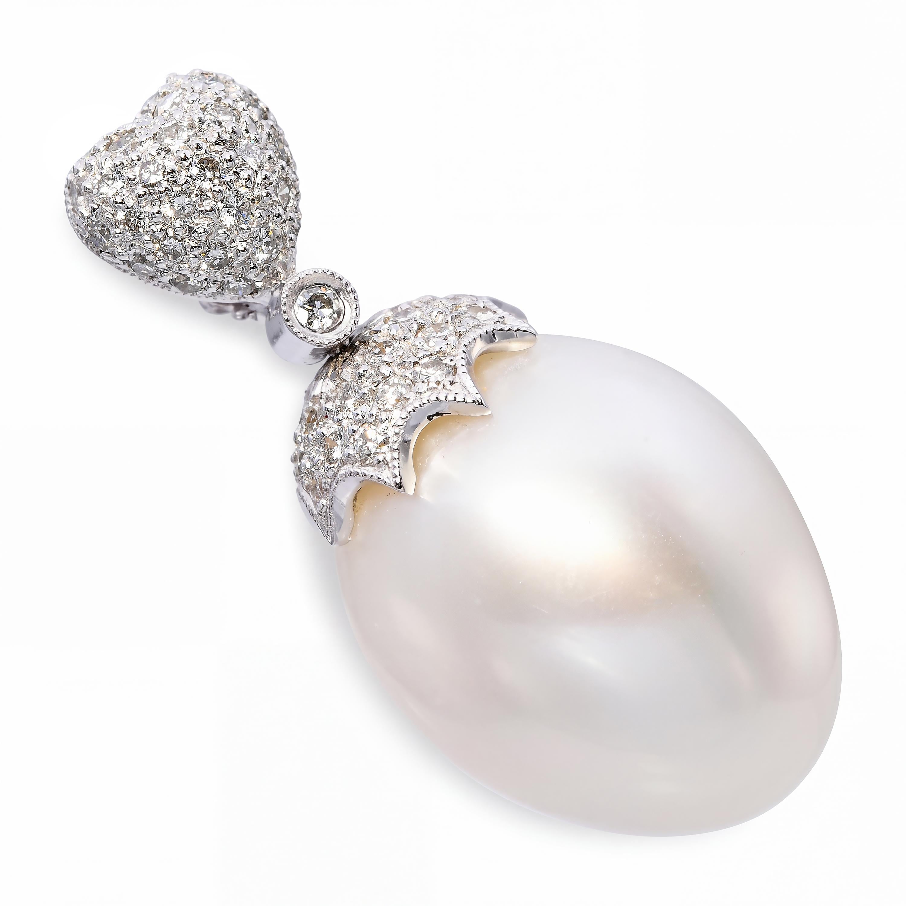18k White Gold Elongated South Sea Pearl & Diamond Pendant