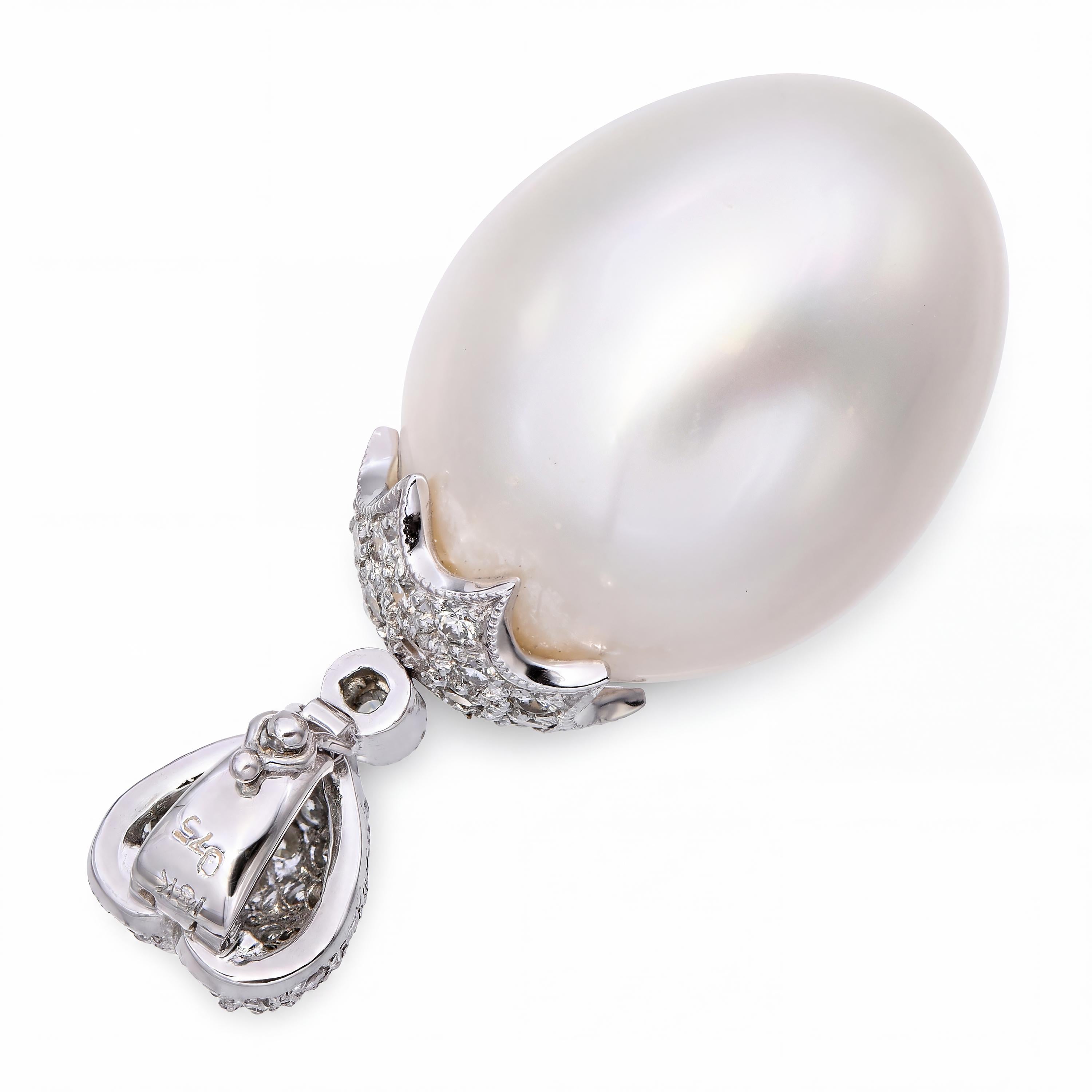 18k White Gold Elongated South Sea Pearl & Diamond Pendant
