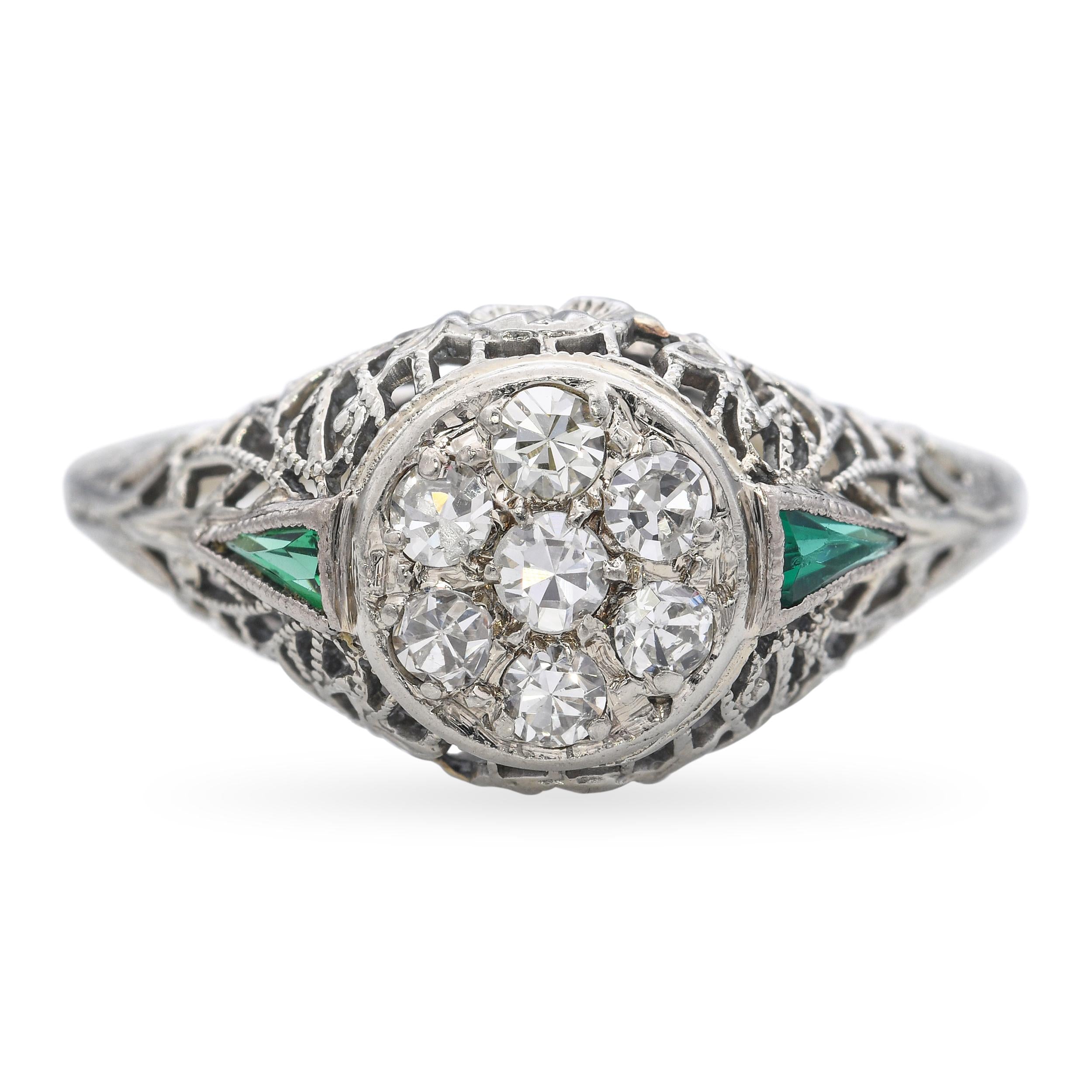 Art Deco 18k White Gold Diamond and Synthetic Emerald Filigree Ring