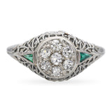 Art Deco 18k White Gold Diamond and Synthetic Emerald Filigree Ring