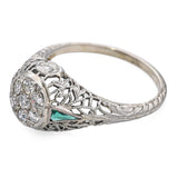 Art Deco 18k White Gold Diamond and Synthetic Emerald Filigree Ring