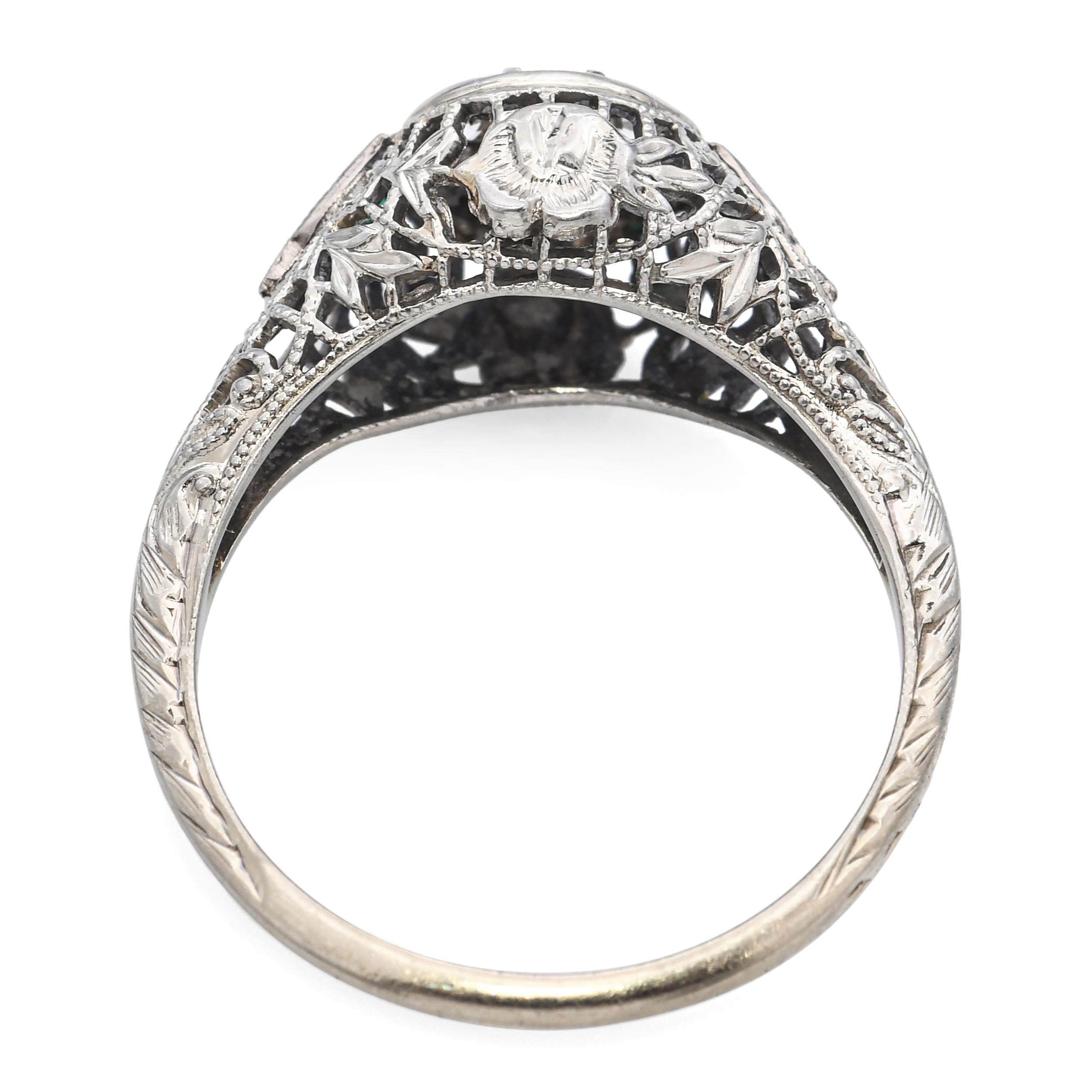Art Deco 18k White Gold Diamond and Synthetic Emerald Filigree Ring