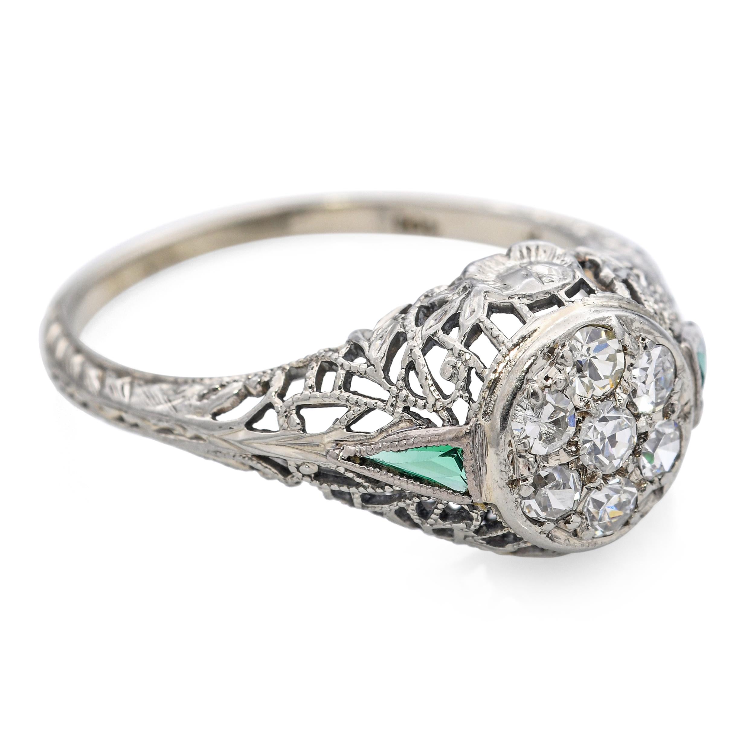 Art Deco 18k White Gold Diamond and Synthetic Emerald Filigree Ring