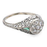 Art Deco 18k White Gold Diamond and Synthetic Emerald Filigree Ring