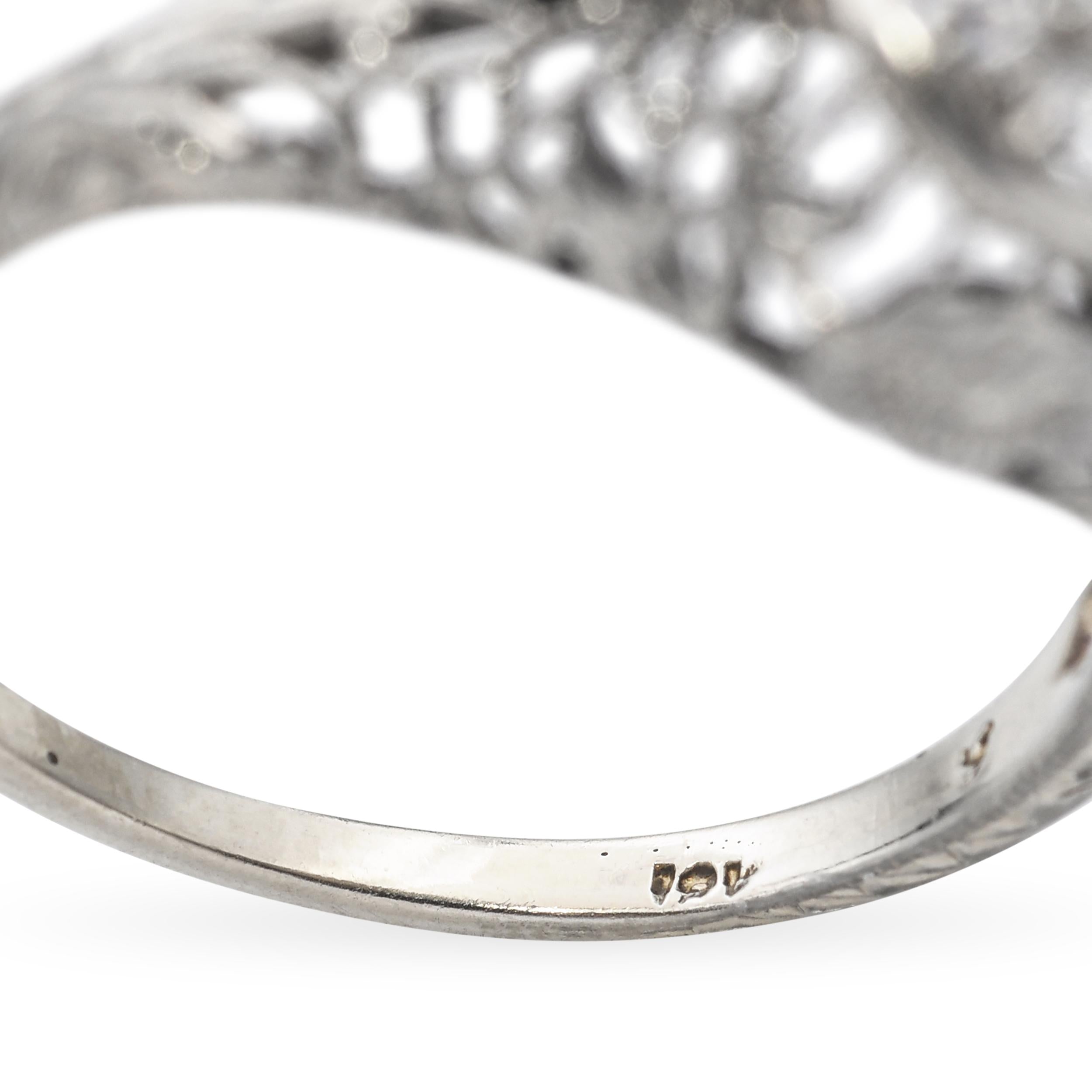 Art Deco 18k White Gold Diamond and Synthetic Emerald Filigree Ring