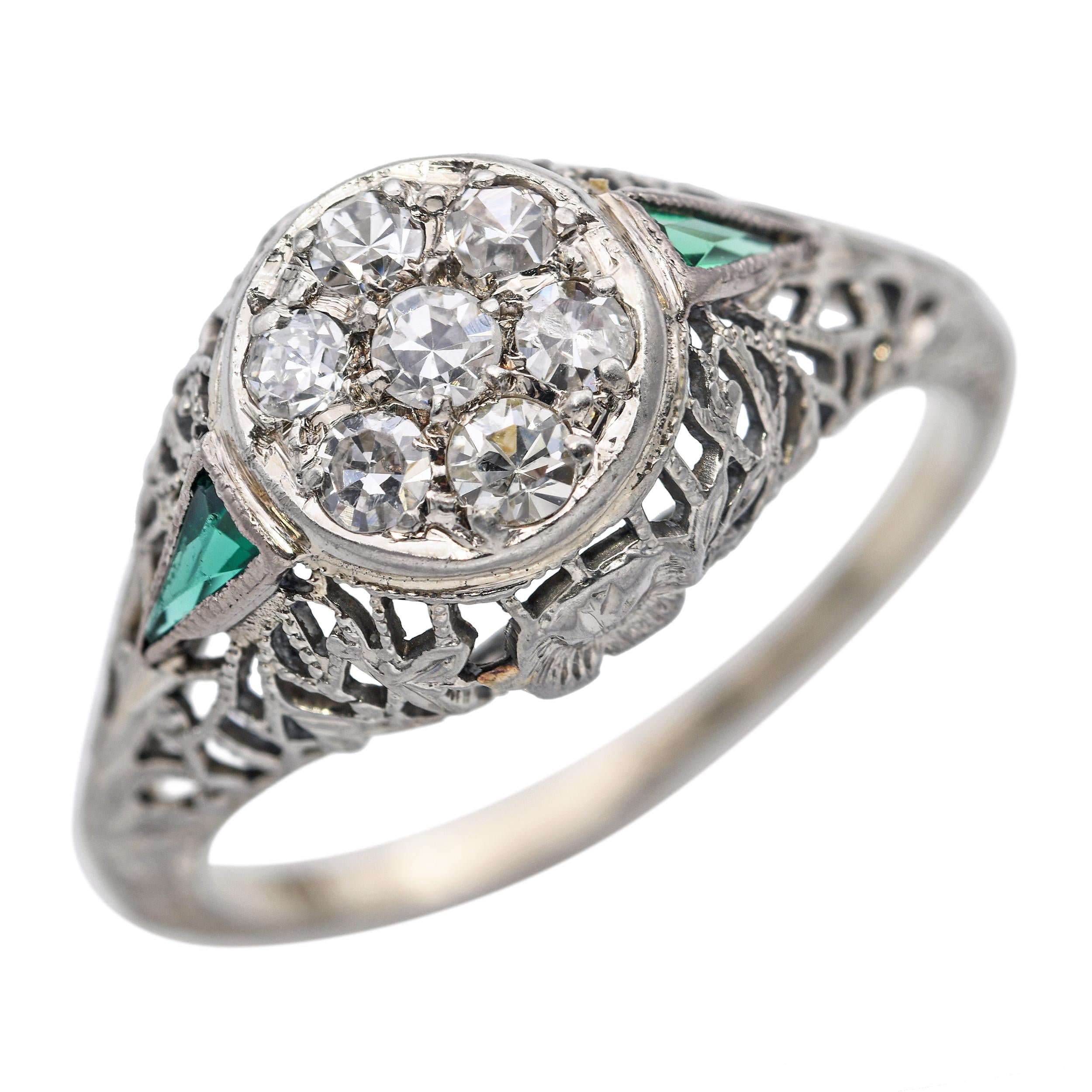 Art Deco 18k White Gold Diamond and Synthetic Emerald Filigree Ring