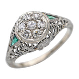 Art Deco 18k White Gold Diamond and Synthetic Emerald Filigree Ring