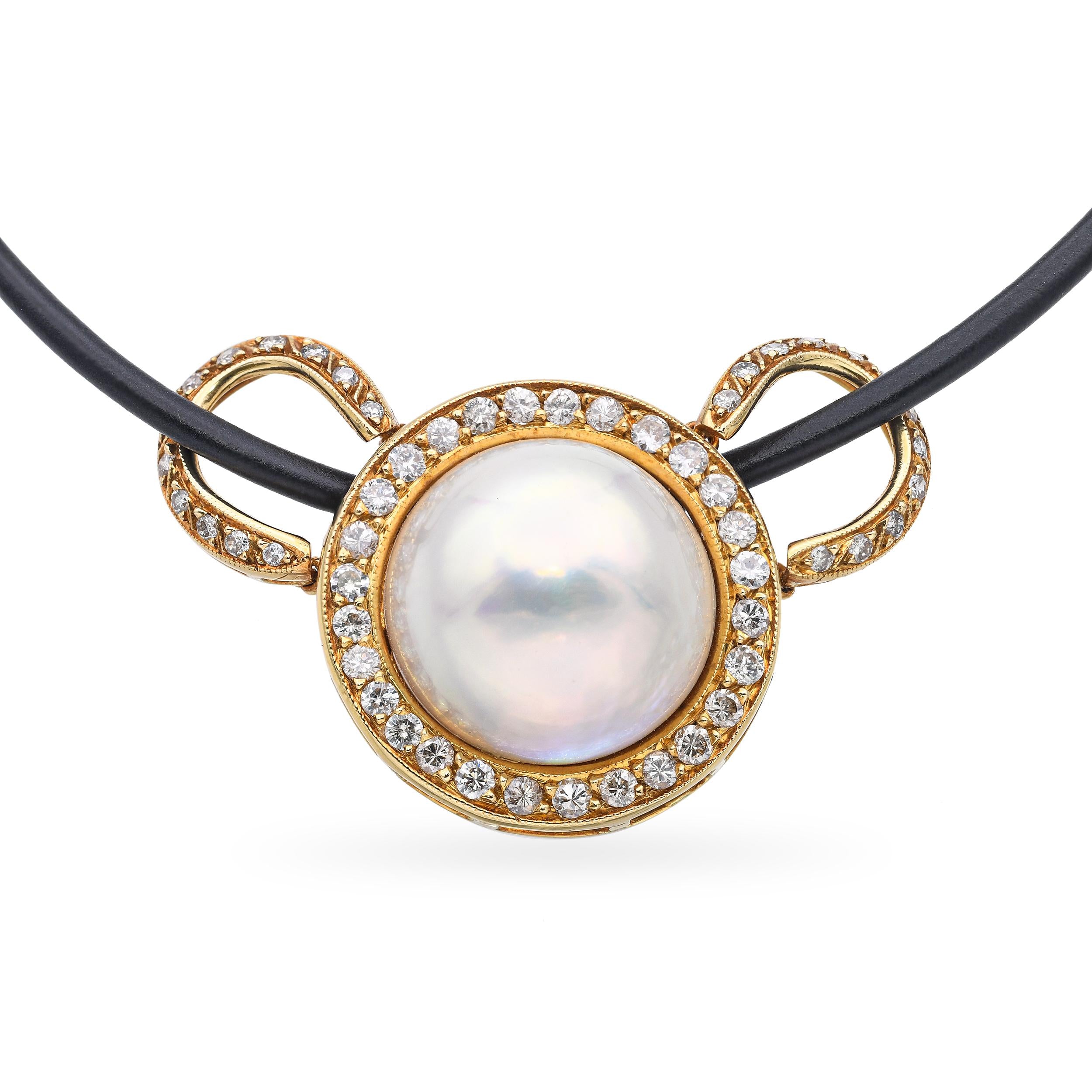 Estate Mabe Pearl & 1.08tcw Diamond 18k Yellow Gold Pendant Cord Necklace