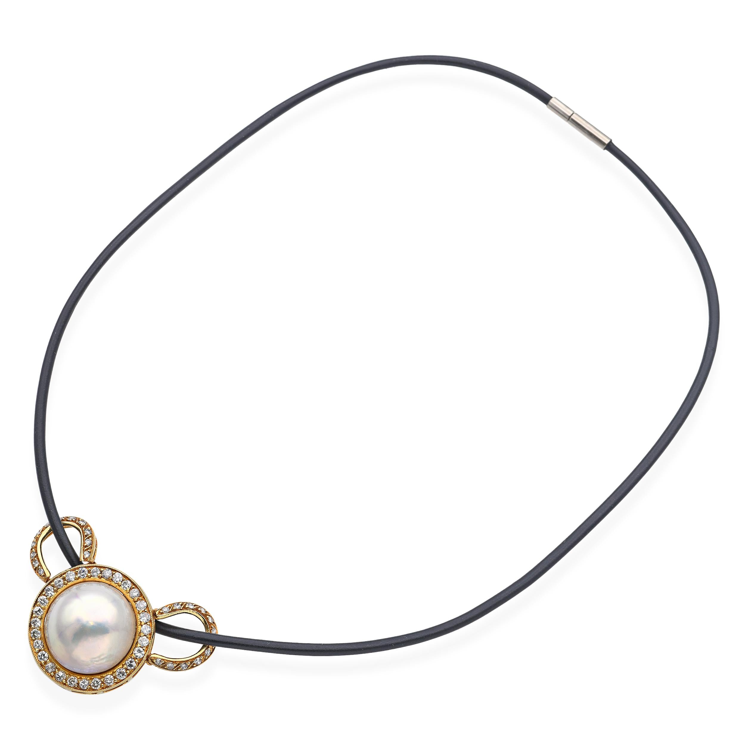 Estate Mabe Pearl & 1.08tcw Diamond 18k Yellow Gold Pendant Cord Necklace