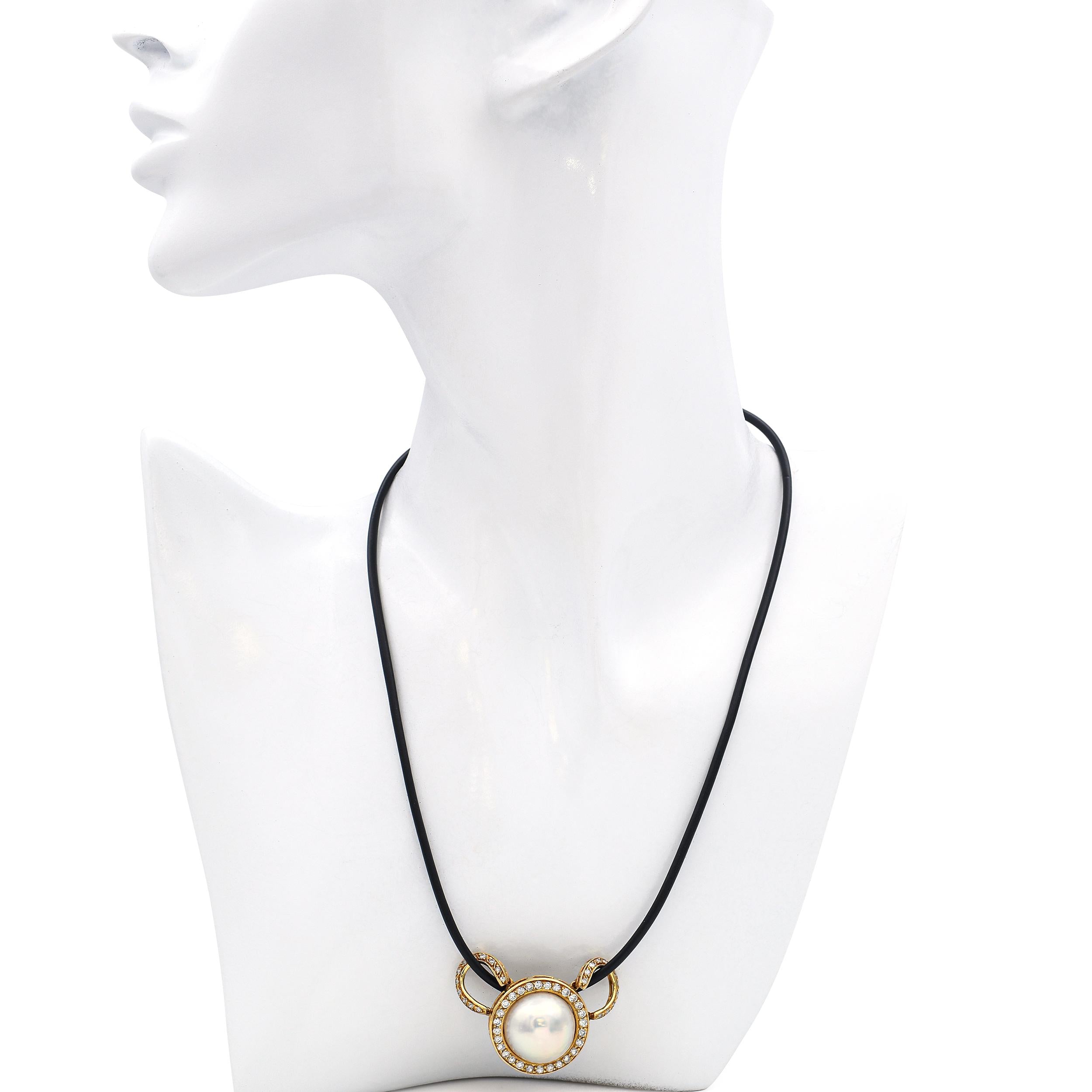 Estate Mabe Pearl & 1.08tcw Diamond 18k Yellow Gold Pendant Cord Necklace