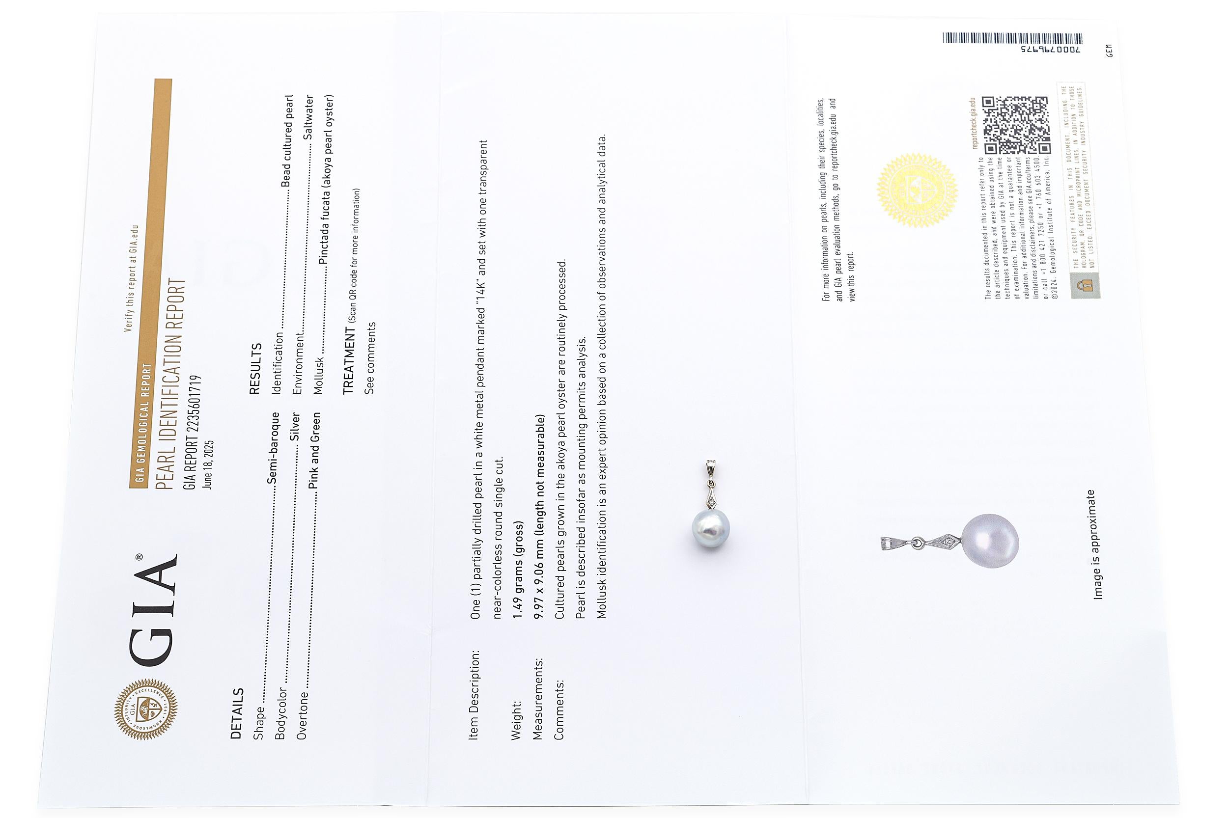 Vintage GIA Certified 14k White Gold Diamond and Cultured Akoya Pearl Pendant