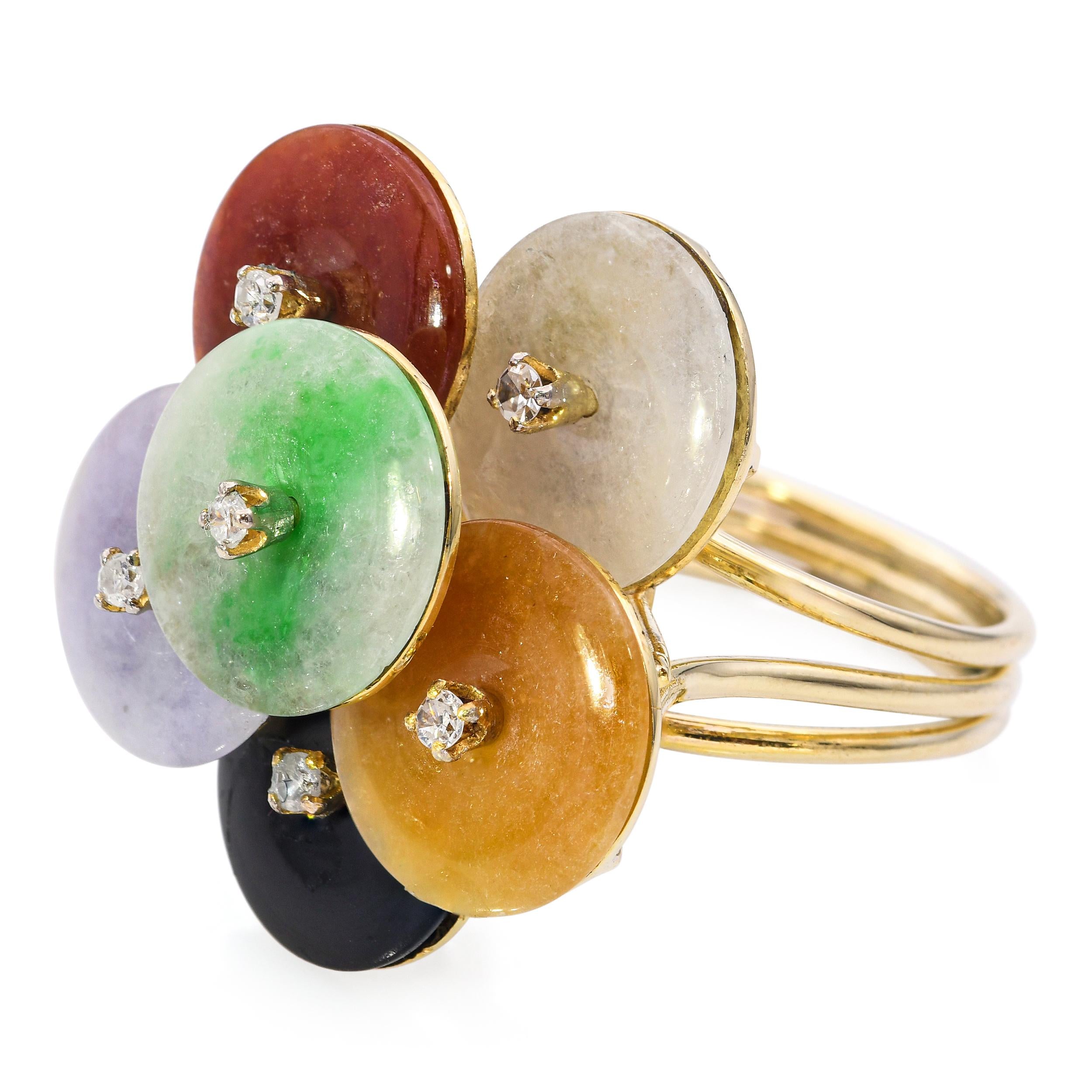 Vintage 14k Yellow Gold Jadeite Jade and Diamond Disk Ring