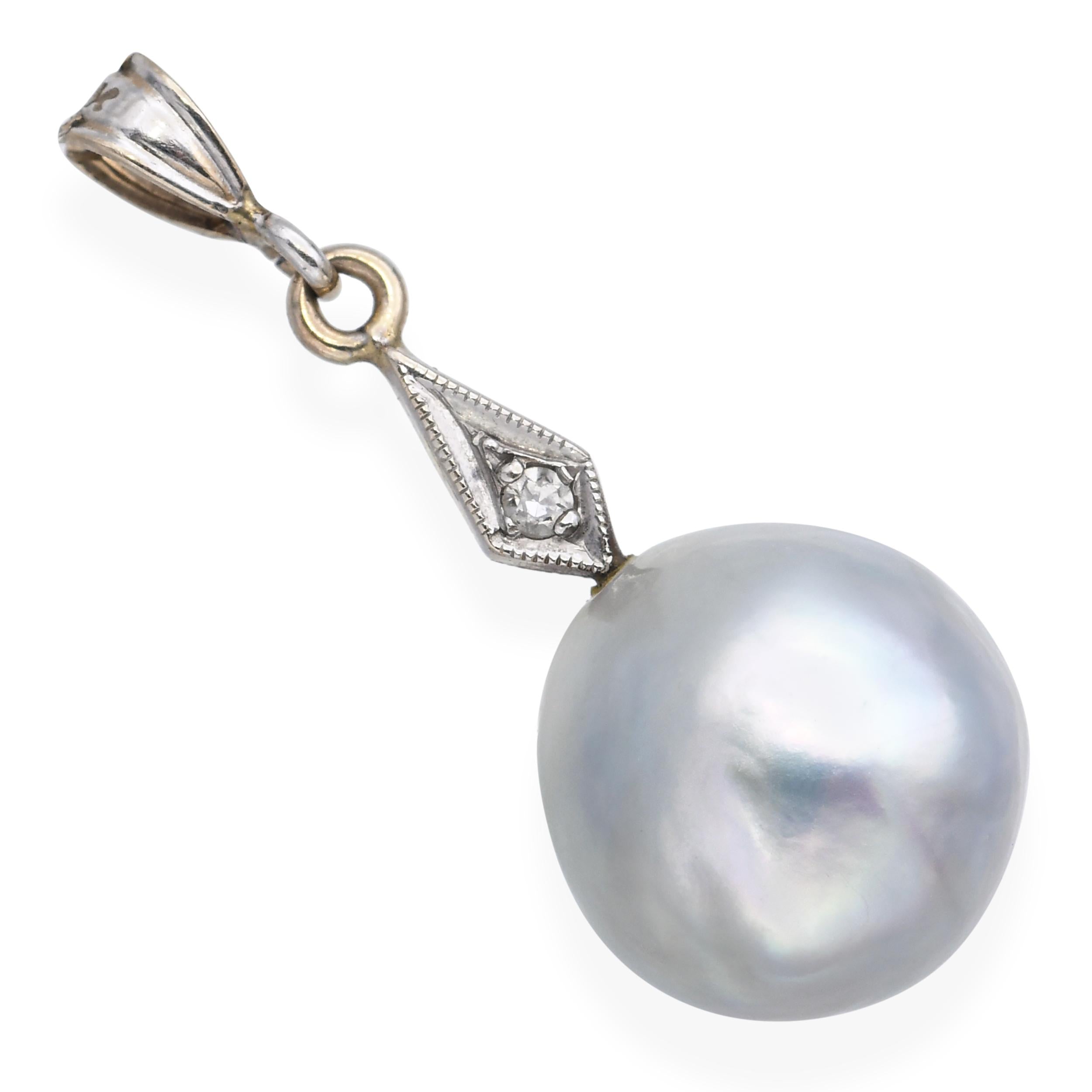 Vintage GIA Certified 14k White Gold Diamond and Cultured Akoya Pearl Pendant