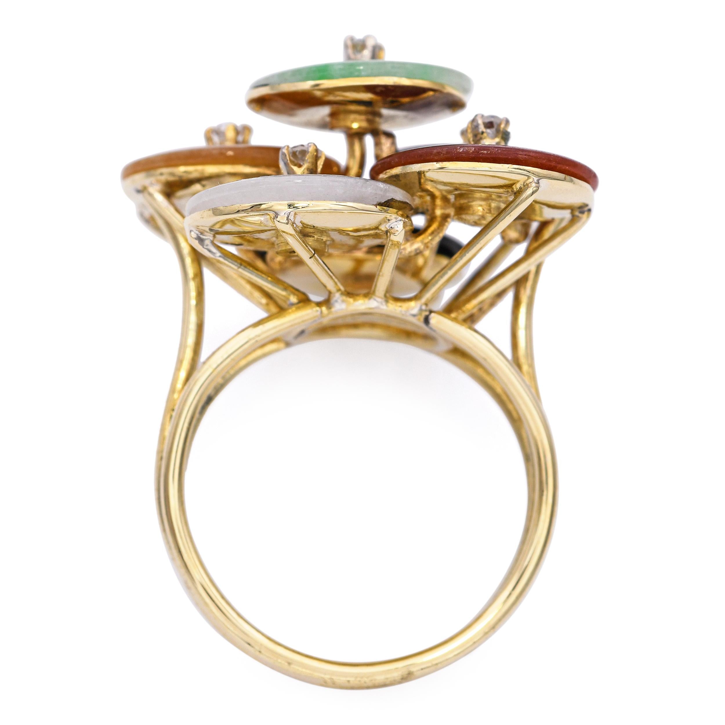 Vintage 14k Yellow Gold Jadeite Jade and Diamond Disk Ring